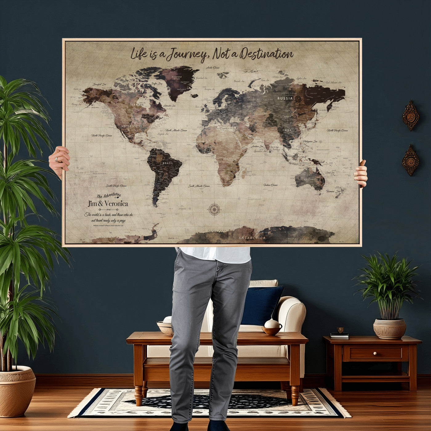 58257942-MGV-CV-36X24 - Custom Push Pin World Map Wall Art Canvas Print – Personalized Travel Tracker with Pins Framed Large for Home and Office Decor