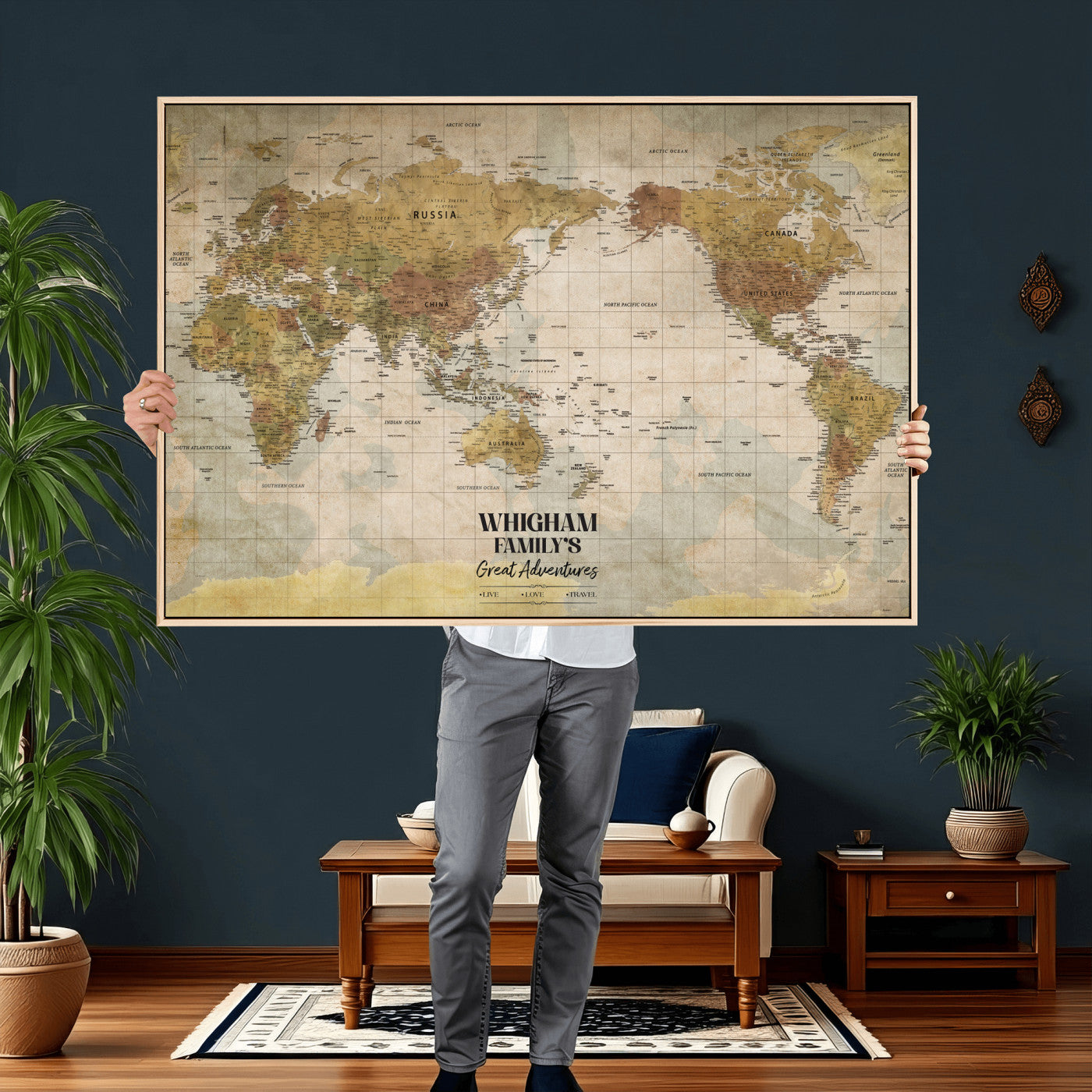 98110883-MGV-CV-36X24 - Custom Push Pin World Map Wall Art Canvas Print – Personalized Travel Tracker with Pins Framed Large for Home and Office Decor