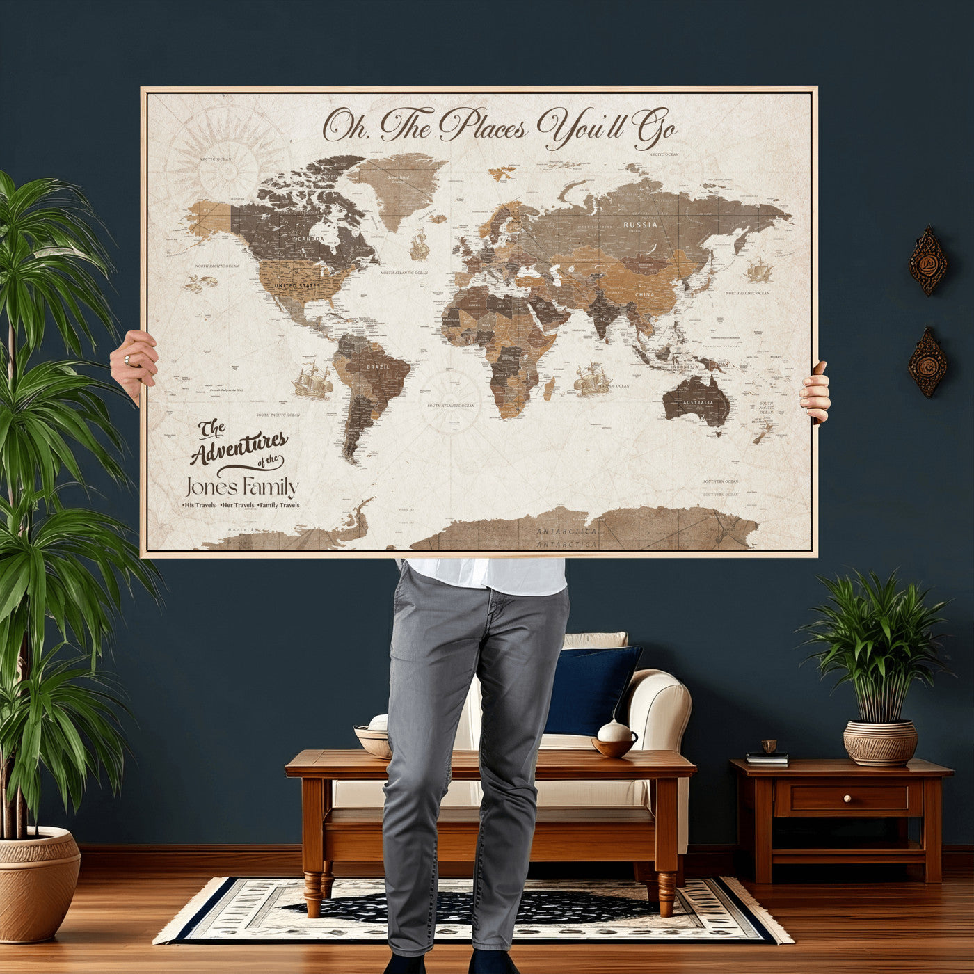 99085321-MGV-CV-36X24 - Custom Push Pin World Map Wall Art Canvas Print – Personalized Travel Tracker with Pins Framed Large for Home and Office Decor