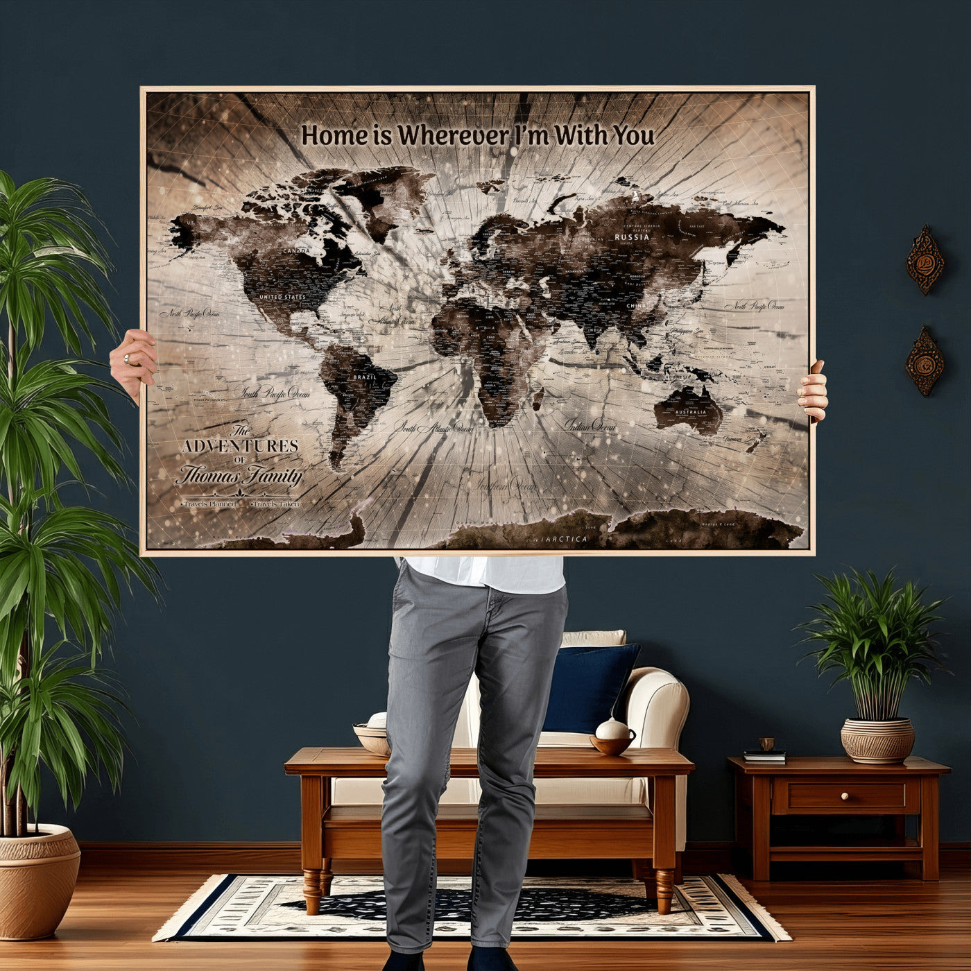12350515-MGV-CV-36X24 - Custom Push Pin World Map Wall Art Canvas Print – Personalized Travel Tracker with Pins Framed Large for Home and Office Decor