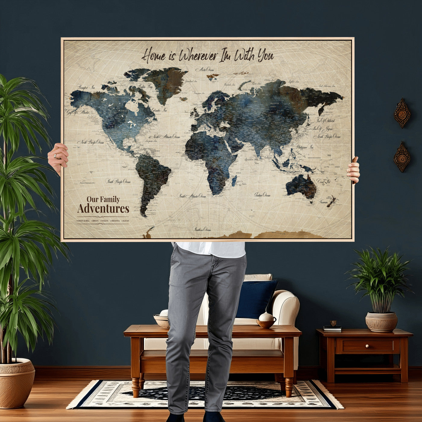 51383535-MGV-CV-36X24 - Custom Push Pin World Map Wall Art Canvas Print – Personalized Travel Tracker with Pins Framed Large for Home and Office Decor