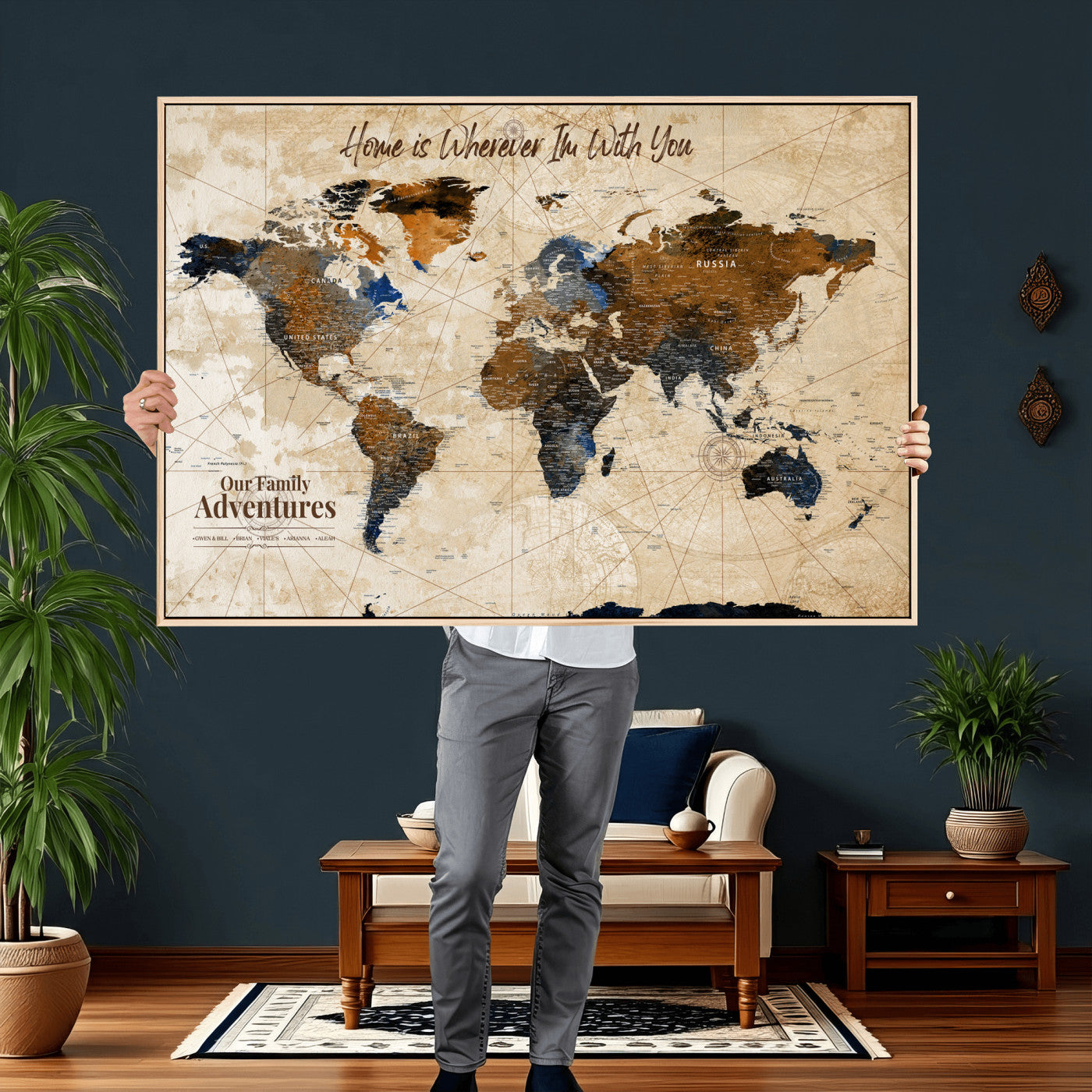 20227642-MGV-CV-36X24 - Custom Push Pin World Map Wall Art Canvas Print – Personalized Travel Tracker with Pins Framed Large for Home and Office Decor