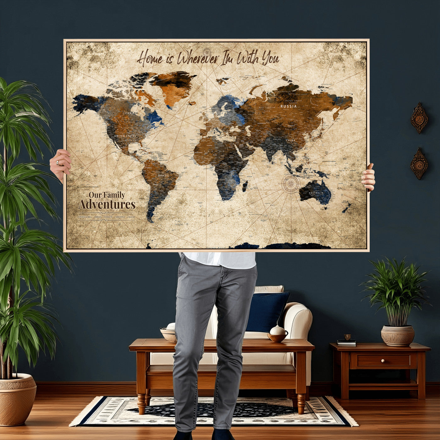 17548029-MGV-CV-36X24 - Custom Push Pin World Map Wall Art Canvas Print – Personalized Travel Tracker with Pins Framed Large for Home and Office Decor