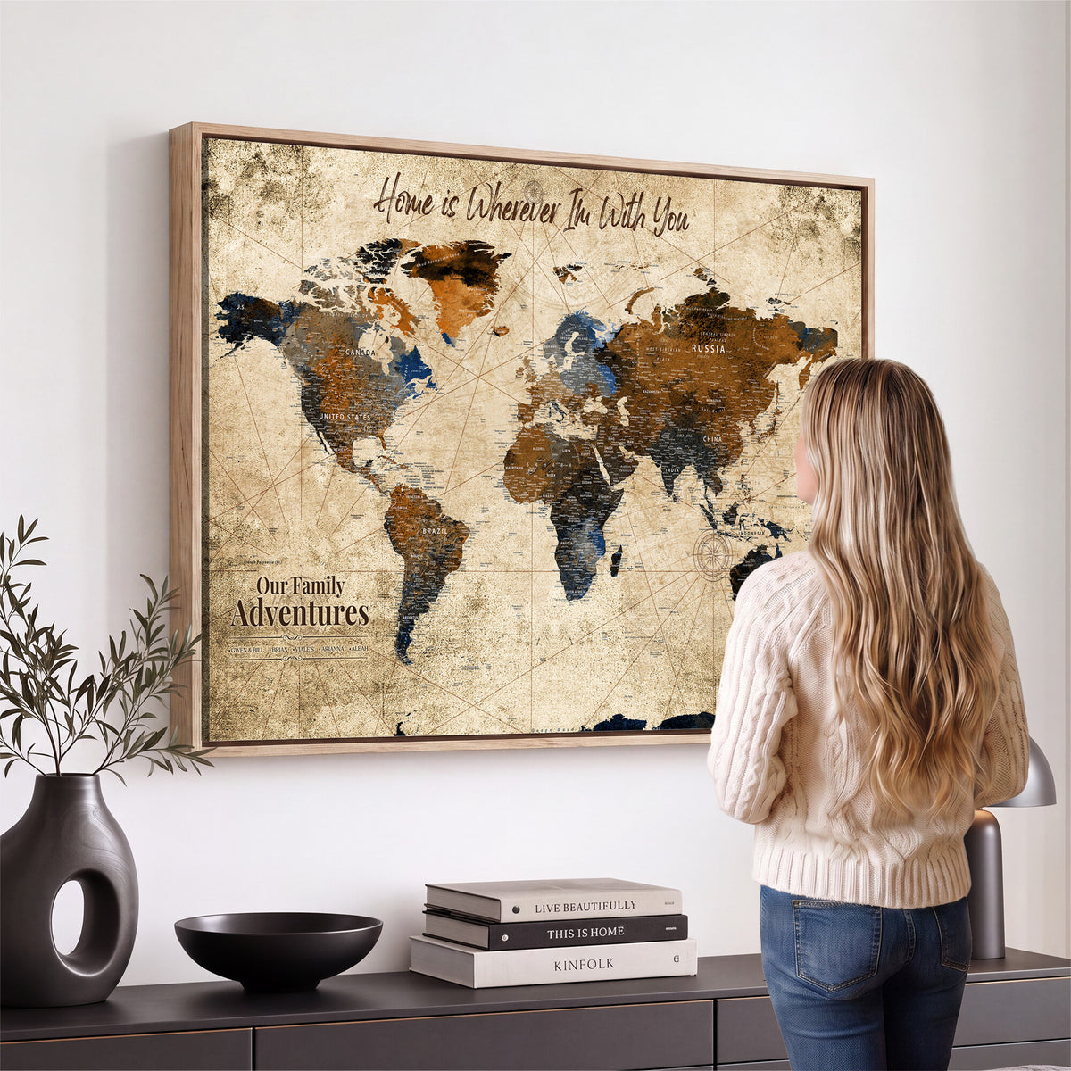 17548029-MGV-CV-36X24 - Personalized Framed Beige Modern Push Pin World Map Canvas Print, Bucket List Map, Home Office and Study Decor