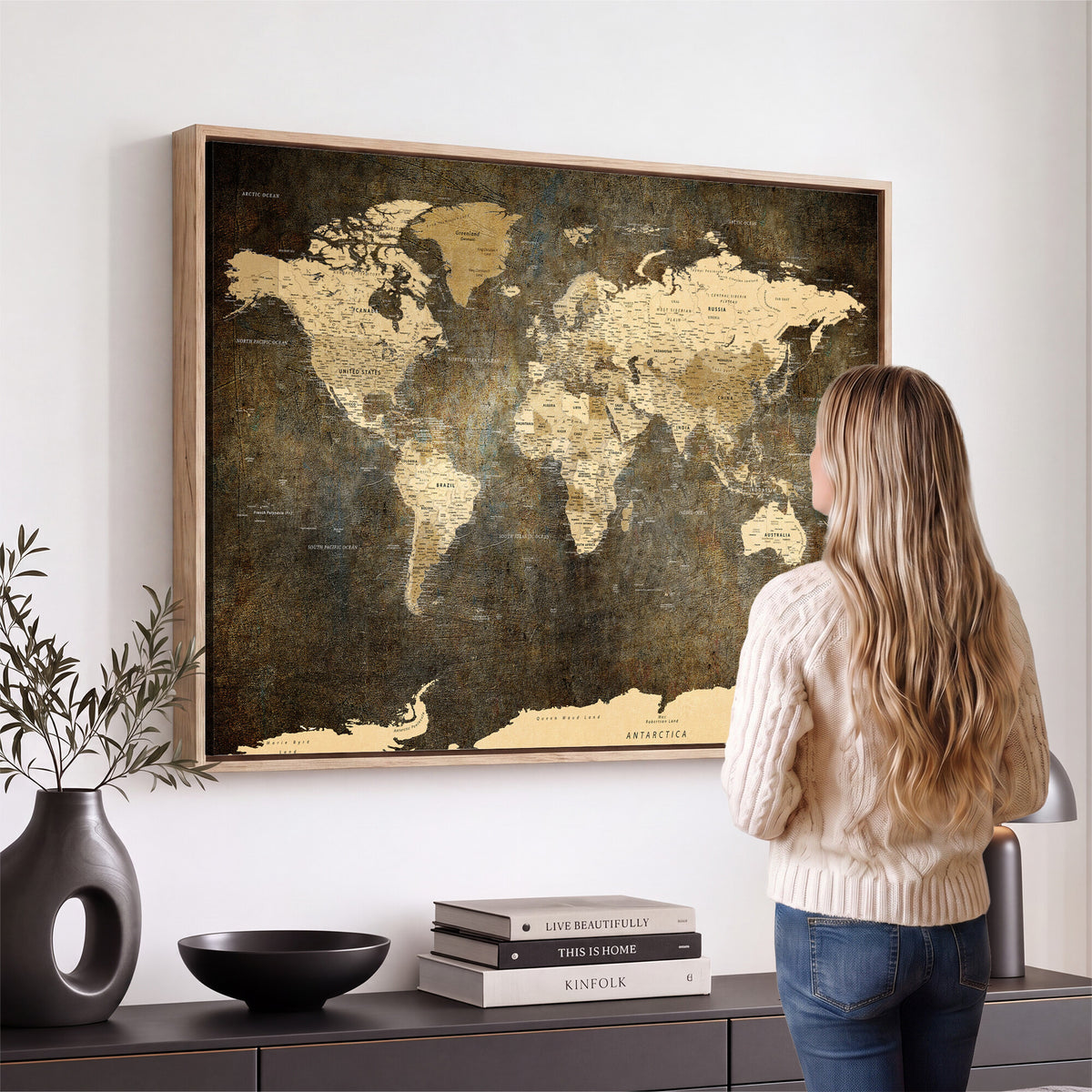 89742472-MGV-CV-36X24 - Large Framed Vintage World Map Wall Art Print for Home Wall