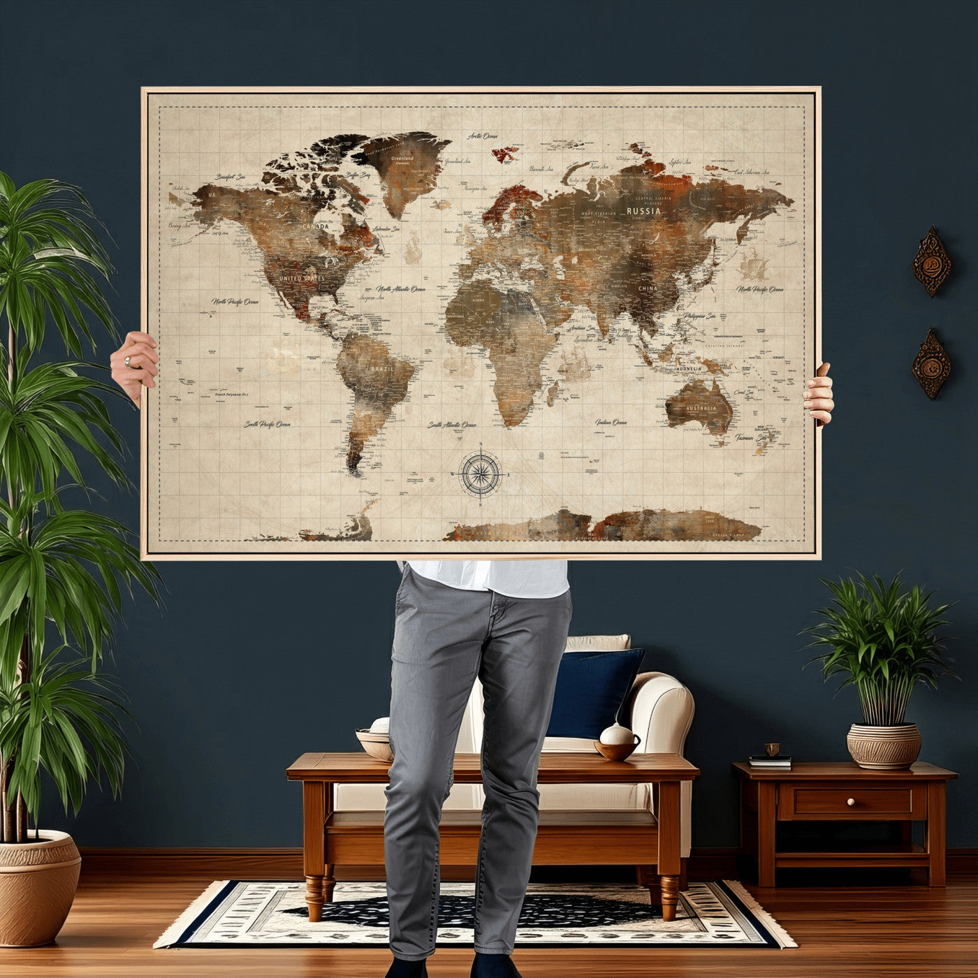23610090-MGV-CV-36X24 - World Map Wall Art Canvas Print, Modern Decorative Framed Map Artwork Prints for Living Room, Office, Bedroom Wall Decor