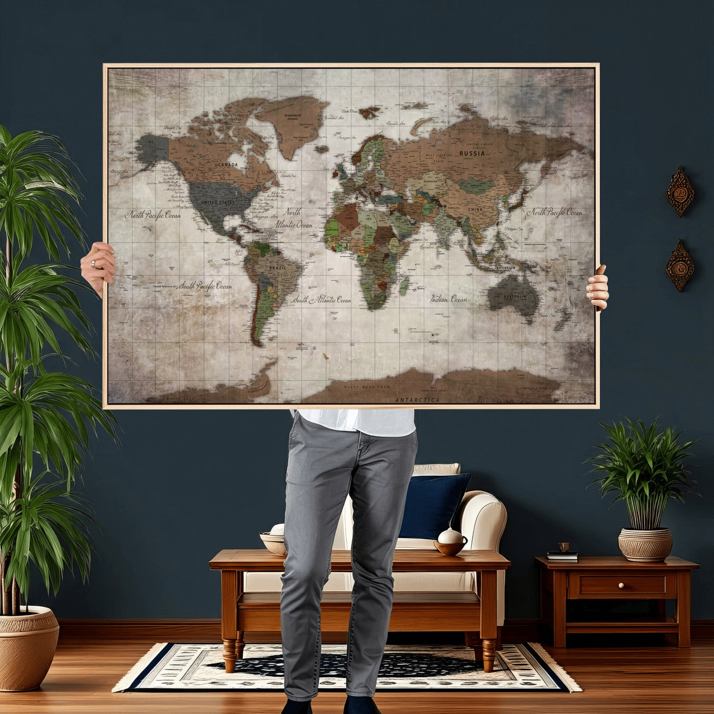 65393892-MGV-CV-36X24 - World Map Wall Art Canvas Print, Modern Decorative Framed Map Artwork Prints for Living Room, Office, Bedroom Wall Decor