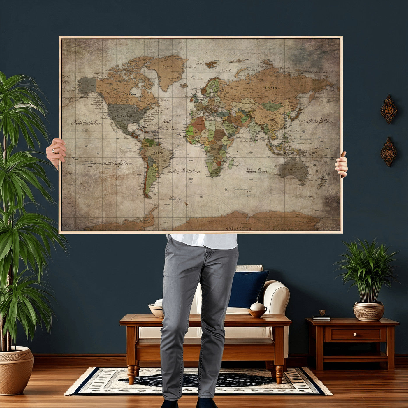 20356264-MGV-CV-36X24 - World Map Wall Art Canvas Print, Modern Decorative Framed Map Artwork Prints for Living Room, Office, Bedroom Wall Decor