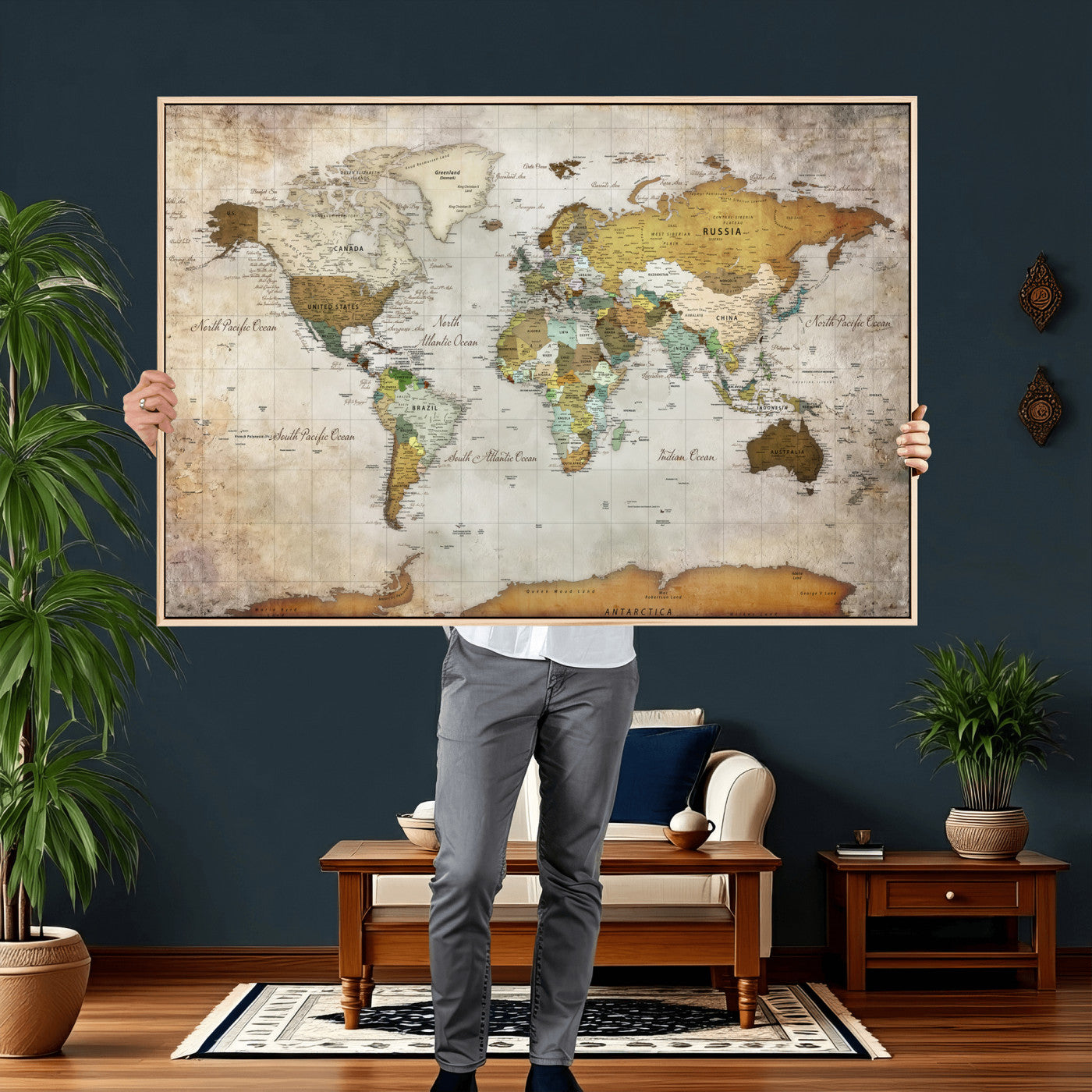 86108417-MGV-CV-36X24 - World Map Wall Art Canvas Print, Modern Decorative Framed Map Artwork Prints for Living Room, Office, Bedroom Wall Decor