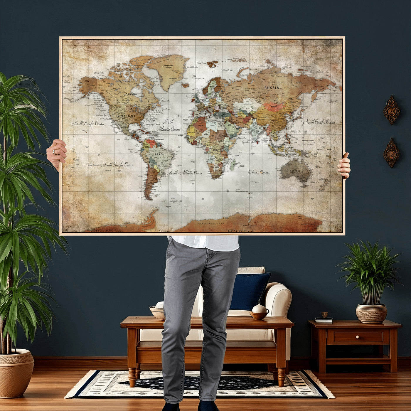 19855445-MGV-CV-36X24 - World Map Wall Art Canvas Print, Modern Decorative Framed Map Artwork Prints for Living Room, Office, Bedroom Wall Decor
