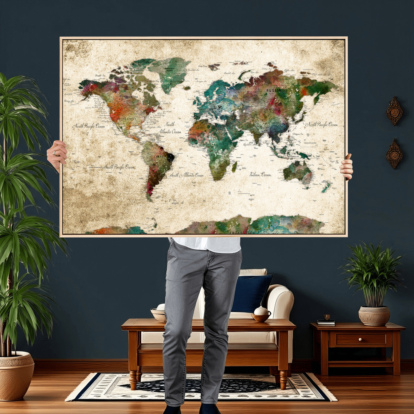 87544591-MGV-CV-36X24 - World Map Wall Art Canvas Print, Modern Decorative Framed Map Artwork Prints for Living Room, Office, Bedroom Wall Decor