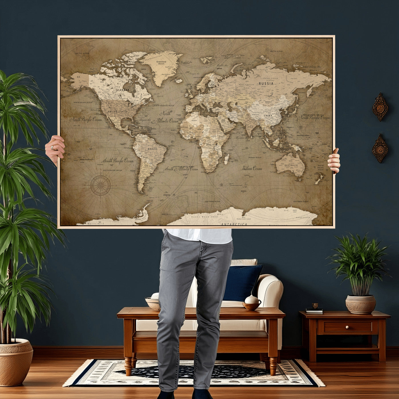 82314635-MGV-CV-36X24 - World Map Wall Art Canvas Print, Modern Decorative Framed Map Artwork Prints for Living Room, Office, Bedroom Wall Decor