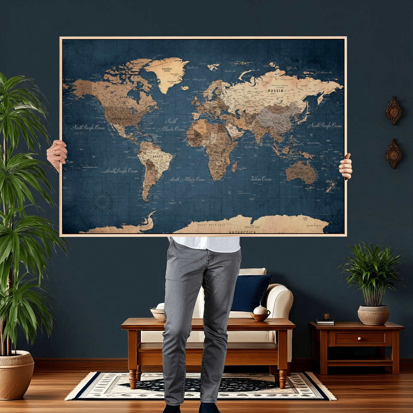 69886352-MGV-CV-36X24 - World Map Wall Art Canvas Print, Modern Decorative Framed Map Artwork Prints for Living Room, Office, Bedroom Wall Decor