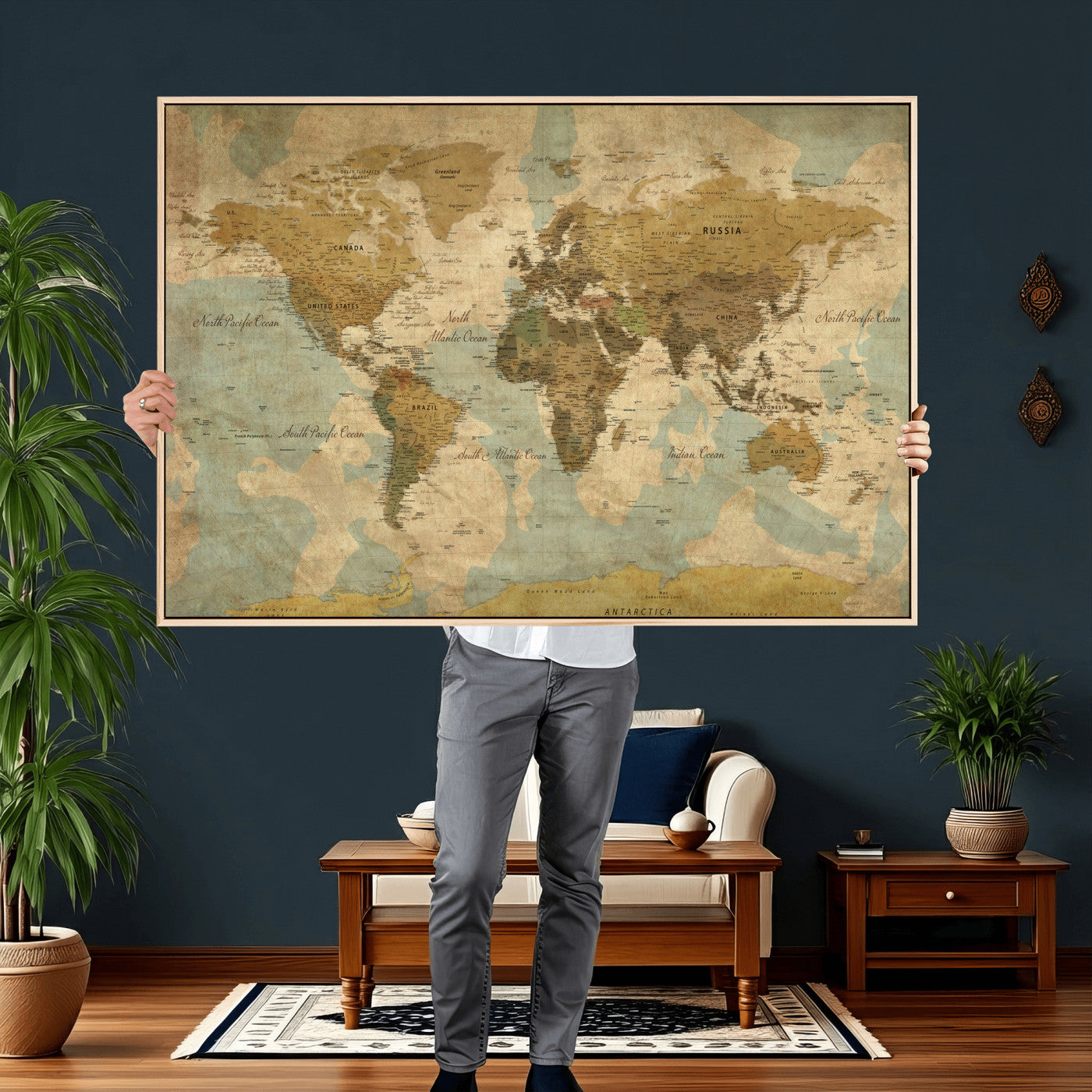 89356927-MGV-CV-36X24 - World Map Wall Art Canvas Print, Modern Decorative Framed Map Artwork Prints for Living Room, Office, Bedroom Wall Decor