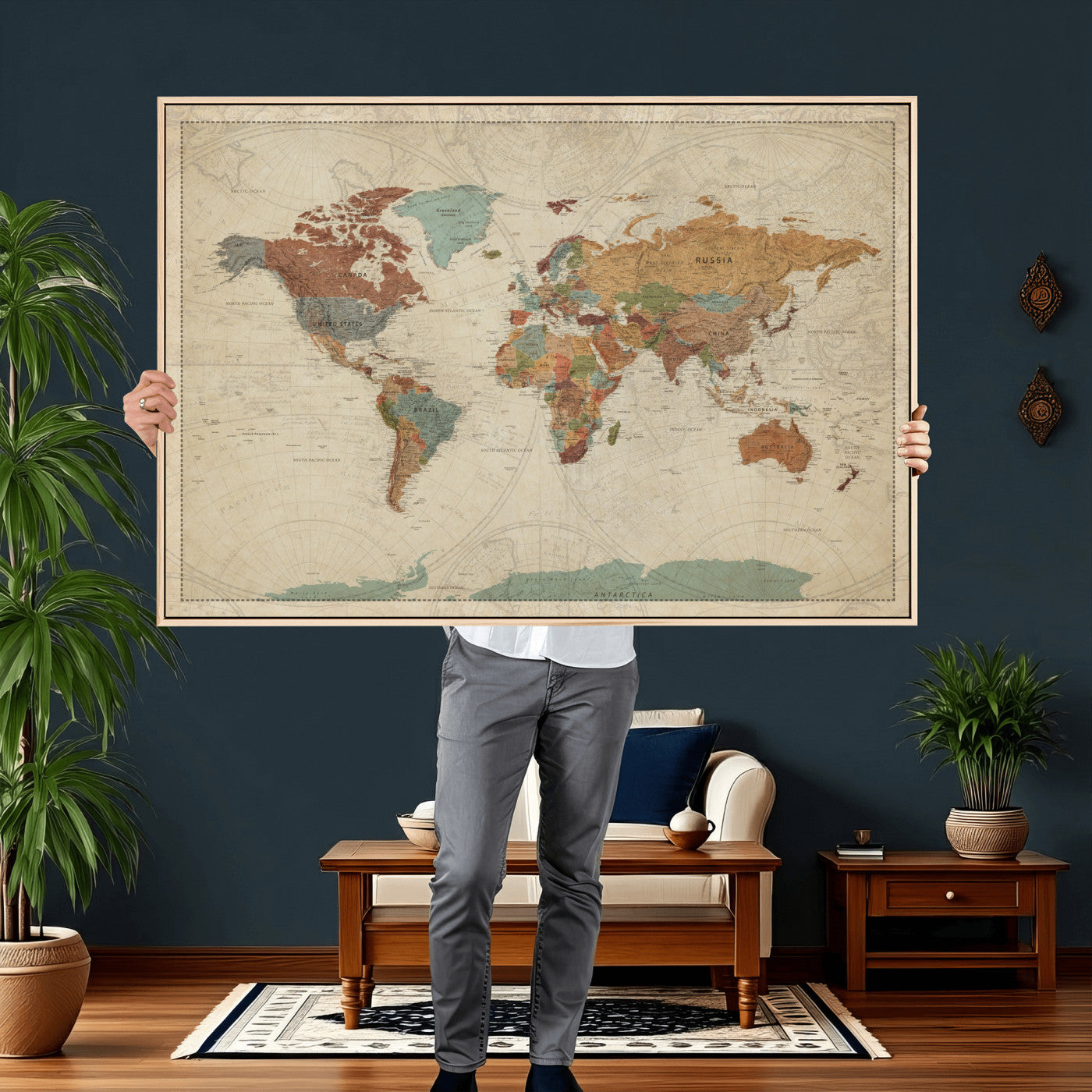 68428598-MGV-CV-36X24 - World Map Wall Art Canvas Print, Modern Decorative Framed Map Artwork Prints for Living Room, Office, Bedroom Wall Decor