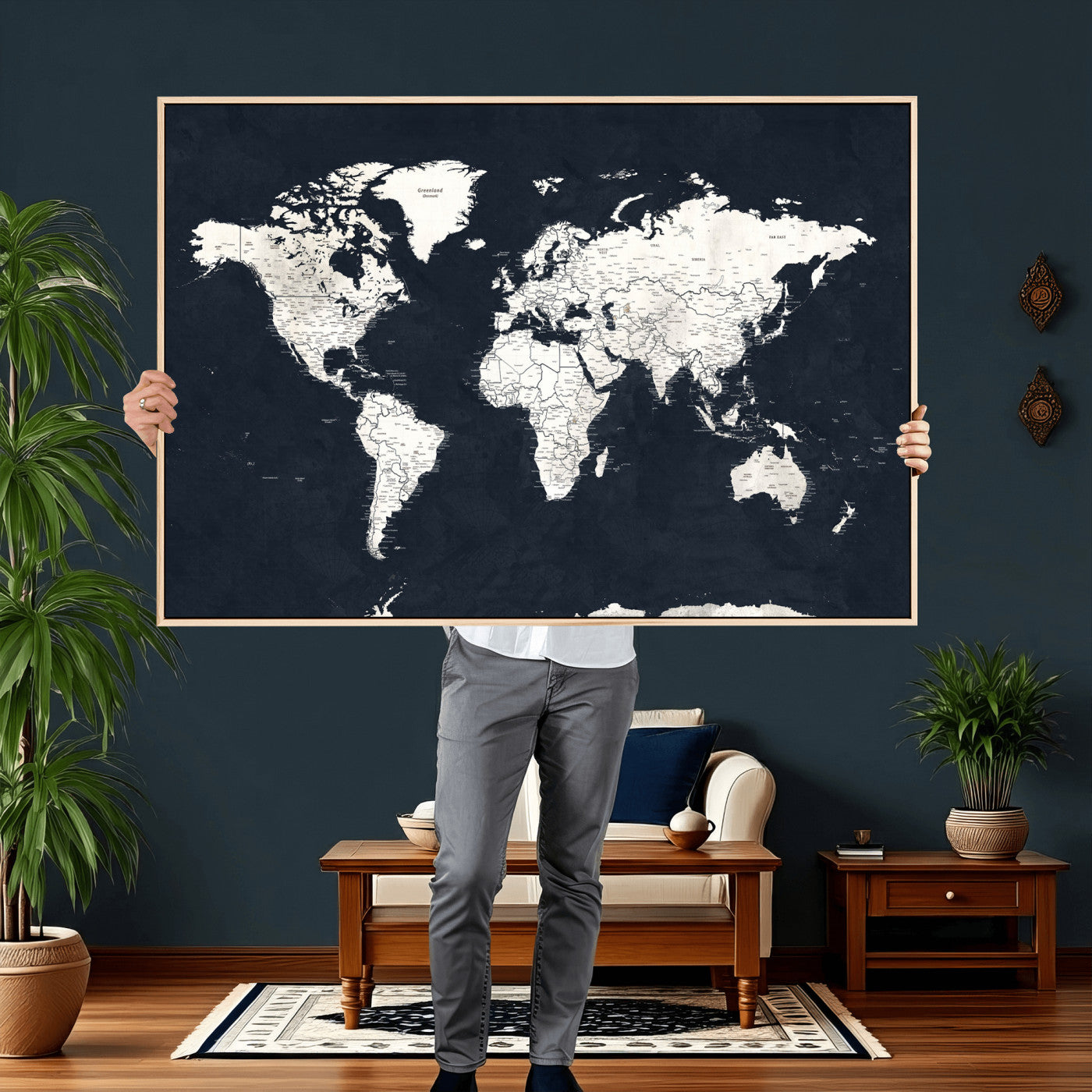 11963807-MGV-CV-36X24 - World Map Wall Art Canvas Print, Modern Decorative Framed Map Artwork Prints for Living Room, Office, Bedroom Wall Decor