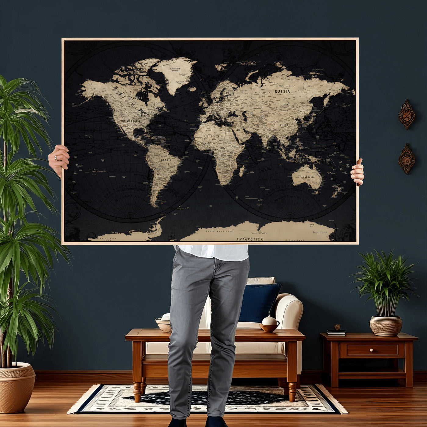 61835687-MGV-CV-36X24 - World Map Wall Art Canvas Print, Modern Decorative Framed Map Artwork Prints for Living Room, Office, Bedroom Wall Decor