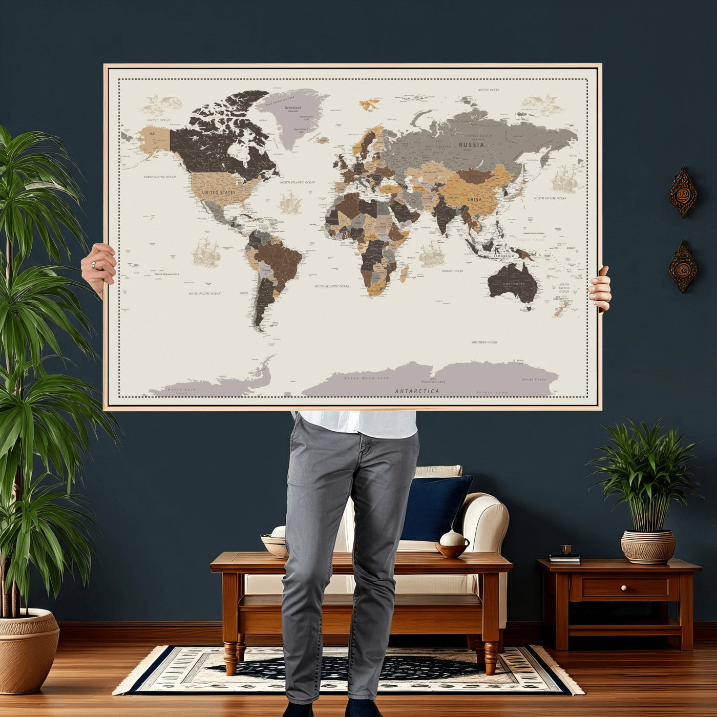 58777746-MGV-CV-36X24 - World Map Wall Art Canvas Print, Modern Decorative Framed Map Artwork Prints for Living Room, Office, Bedroom Wall Decor