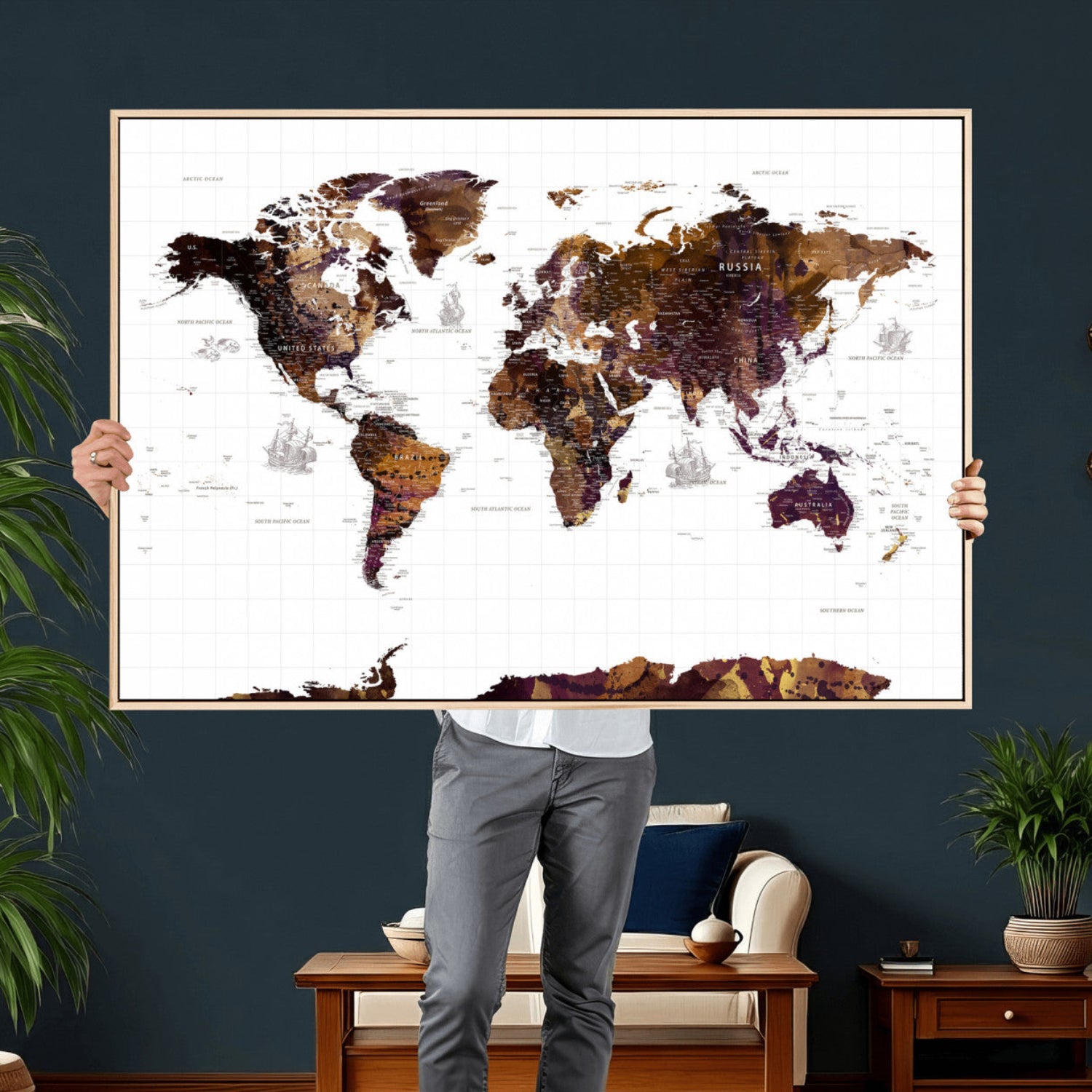 34792695-MGV-CV-36X24 - World Map Wall Art Canvas Print, Modern Decorative Framed Map Artwork Prints for Living Room, Office, Bedroom Wall Decor