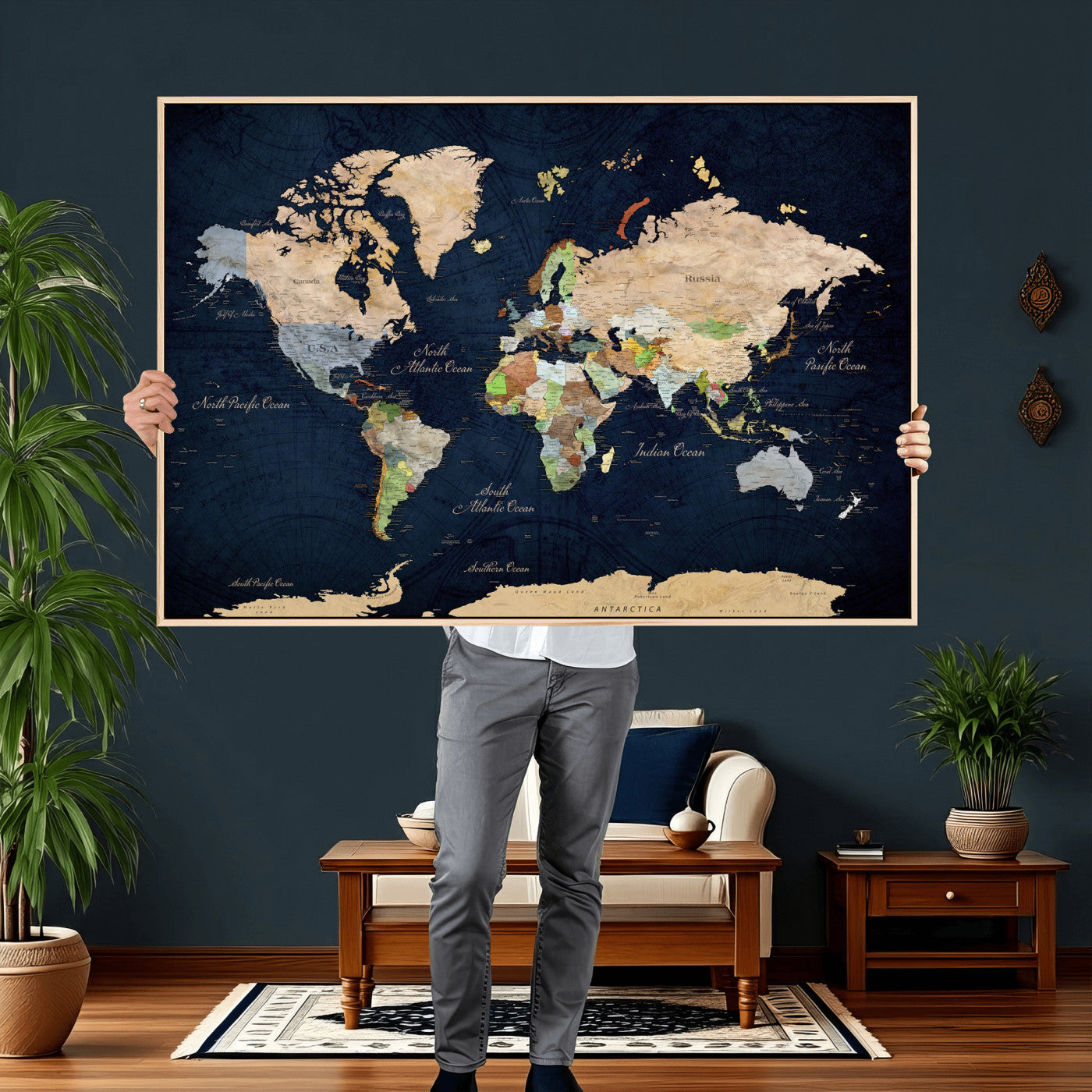 76603563-MGV-CV-36X24 - World Map Wall Art Canvas Print, Modern Decorative Framed Map Artwork Prints for Living Room, Office, Bedroom Wall Decor