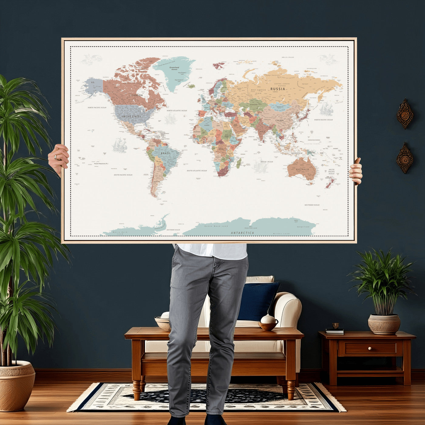 63447567-MGV-CV-36X24 - World Map Wall Art Canvas Print, Modern Decorative Framed Map Artwork Prints for Living Room, Office, Bedroom Wall Decor
