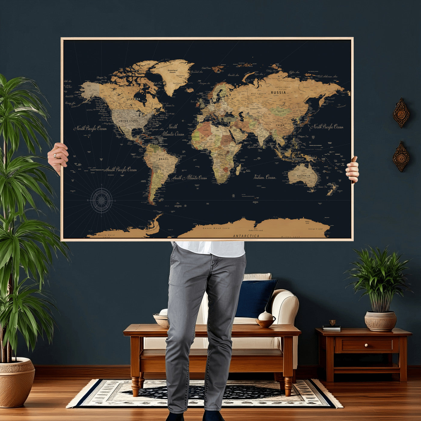 87280374-MGV-CV-36X24 - World Map Wall Art Canvas Print, Modern Decorative Framed Map Artwork Prints for Living Room, Office, Bedroom Wall Decor