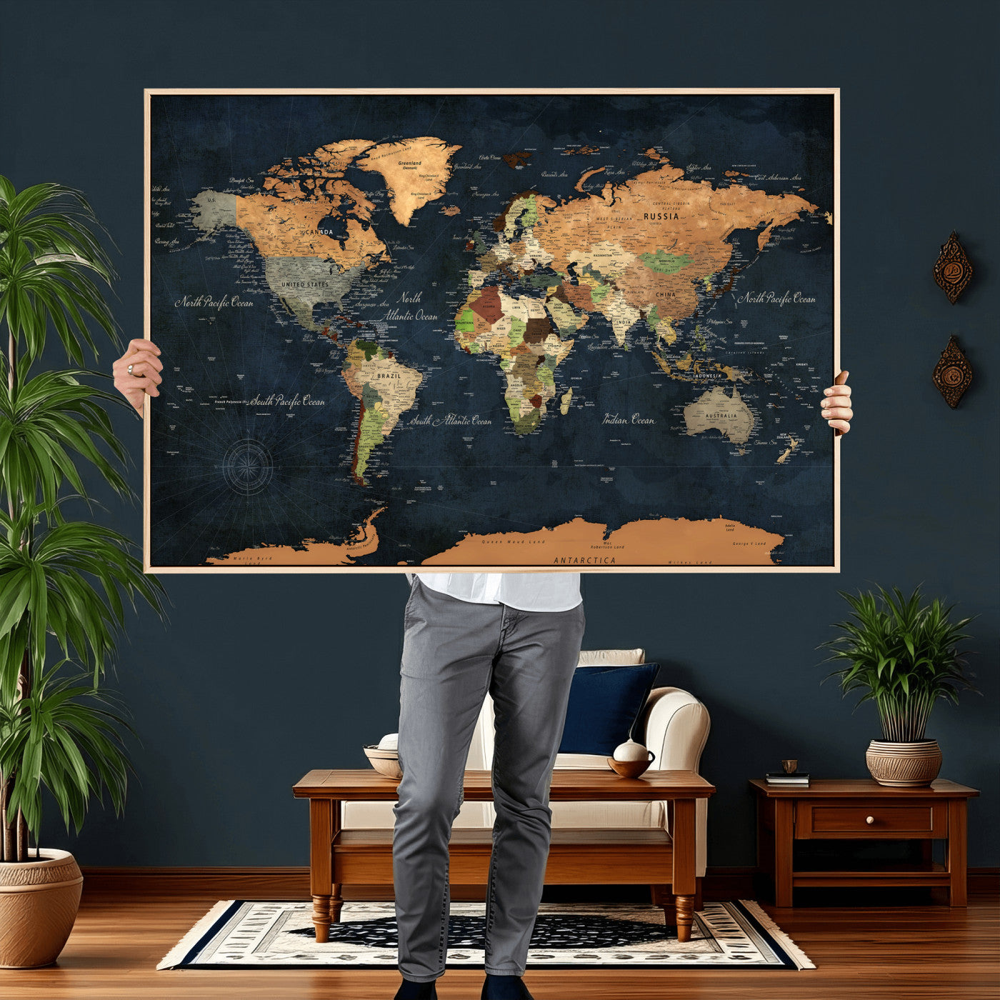 53717402-MGV-CV-36X24 - World Map Wall Art Canvas Print, Modern Decorative Framed Map Artwork Prints for Living Room, Office, Bedroom Wall Decor