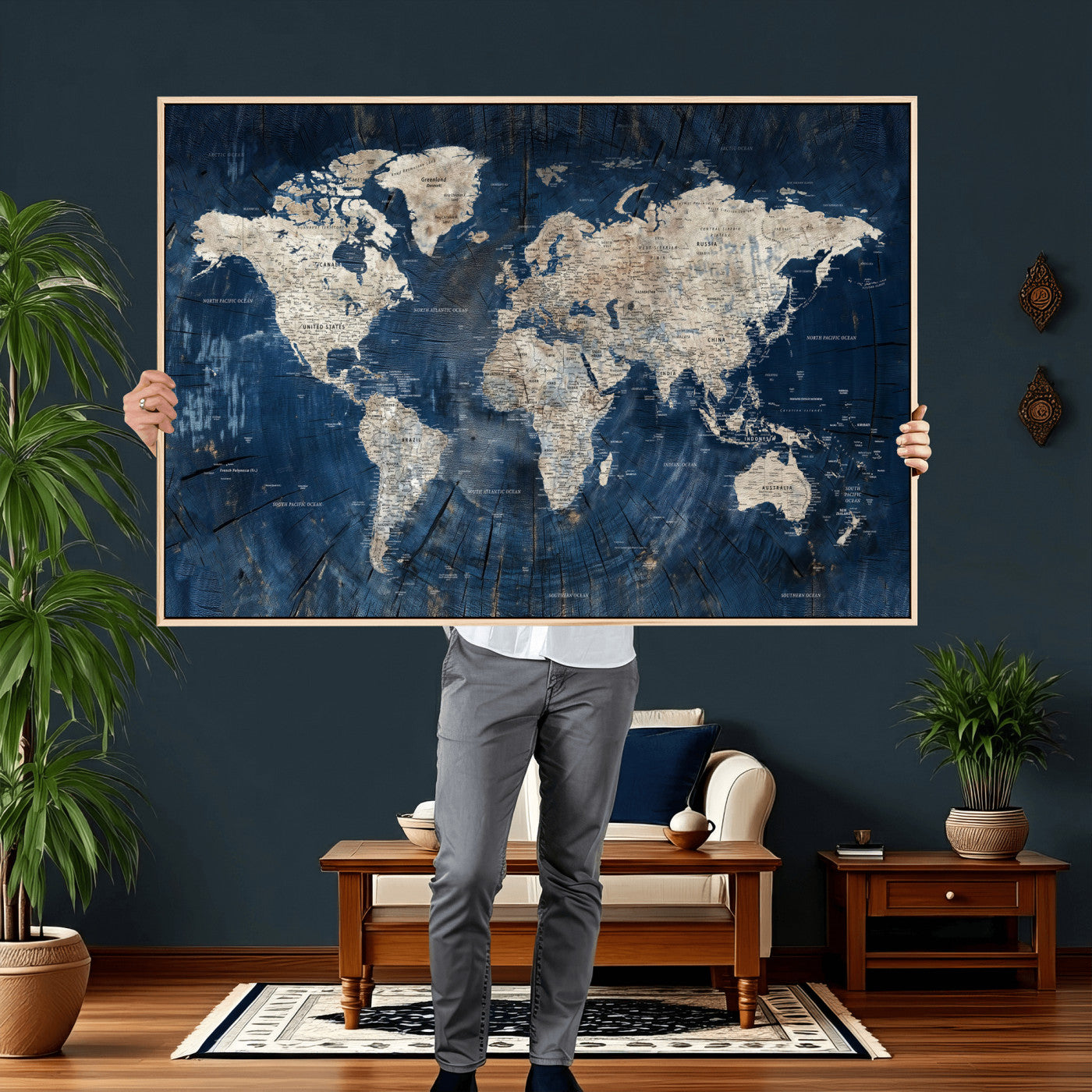 56126010-MGV-CV-36X24 - World Map Wall Art Canvas Print, Modern Decorative Framed Map Artwork Prints for Living Room, Office, Bedroom Wall Decor