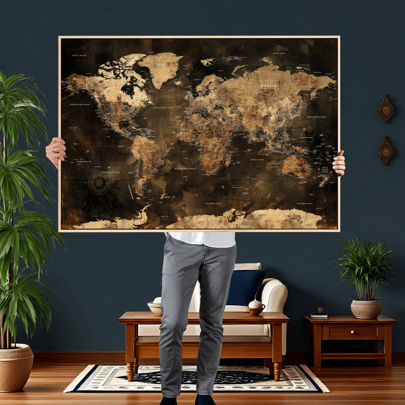 97742922-MGV-CV-36X24 - World Map Wall Art Canvas Print, Modern Decorative Framed Map Artwork Prints for Living Room, Office, Bedroom Wall Decor
