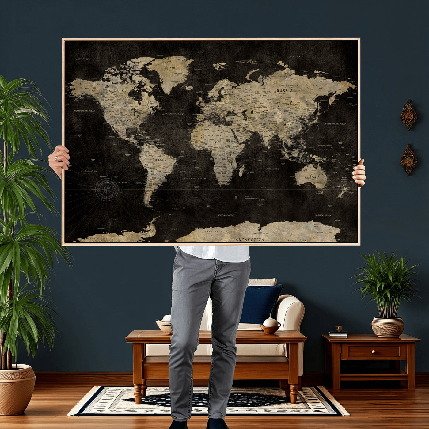 60653880-MGV-CV-36X24 - World Map Wall Art Canvas Print, Modern Decorative Framed Map Artwork Prints for Living Room, Office, Bedroom Wall Decor