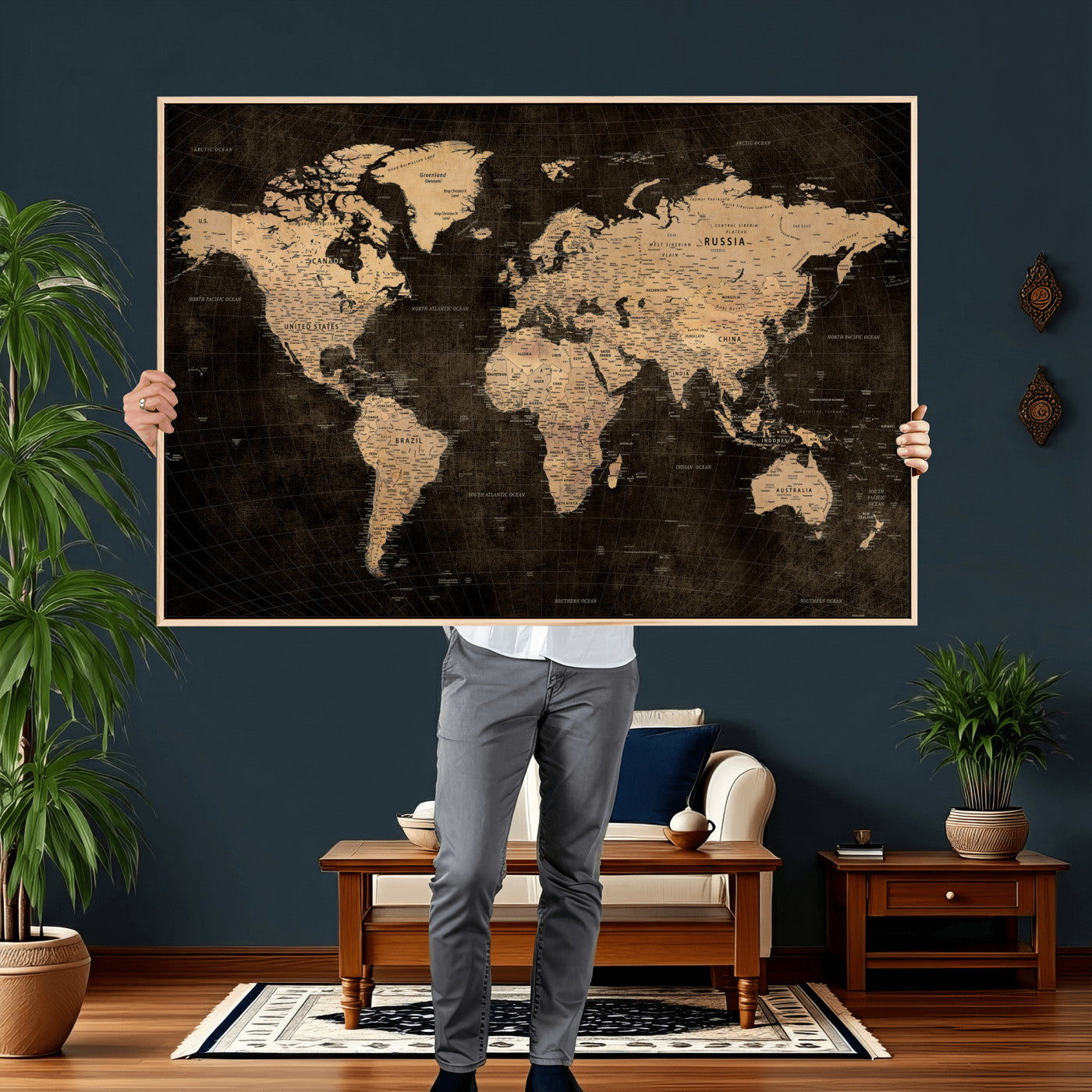 15118265-MGV-CV-36X24 - World Map Wall Art Canvas Print, Modern Decorative Framed Map Artwork Prints for Living Room, Office, Bedroom Wall Decor