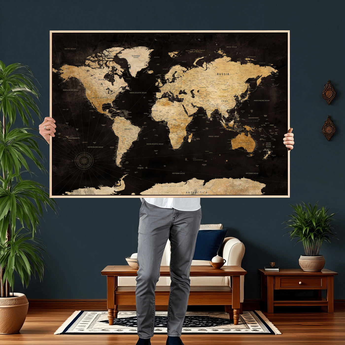 70468159-MGV-CV-36X24 - World Map Wall Art Canvas Print, Modern Decorative Framed Map Artwork Prints for Living Room, Office, Bedroom Wall Decor