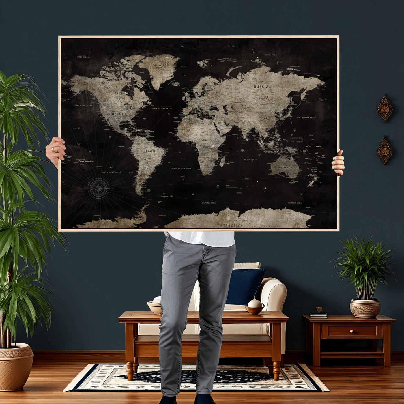 56225956-MGV-CV-36X24 - World Map Wall Art Canvas Print, Modern Decorative Framed Map Artwork Prints for Living Room, Office, Bedroom Wall Decor