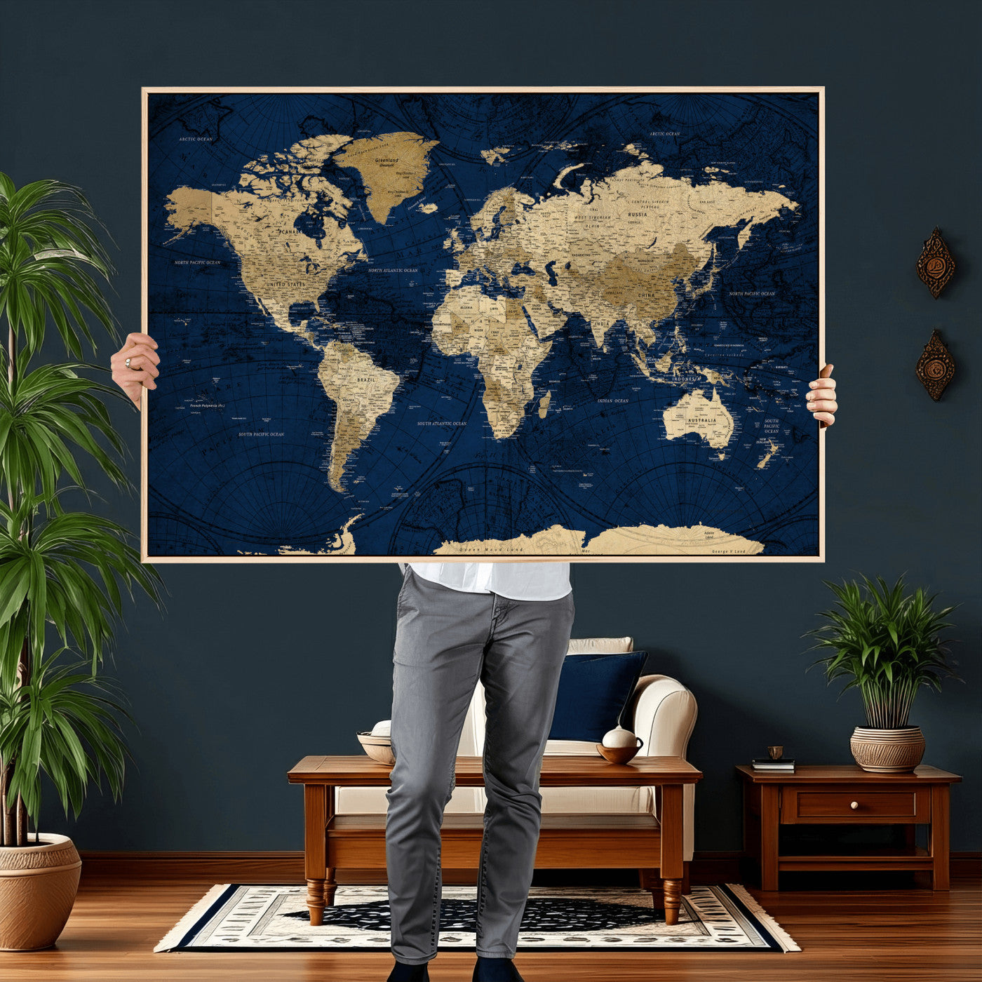 54770746-MGV-CV-36X24 - World Map Wall Art Canvas Print, Modern Decorative Framed Map Artwork Prints for Living Room, Office, Bedroom Wall Decor