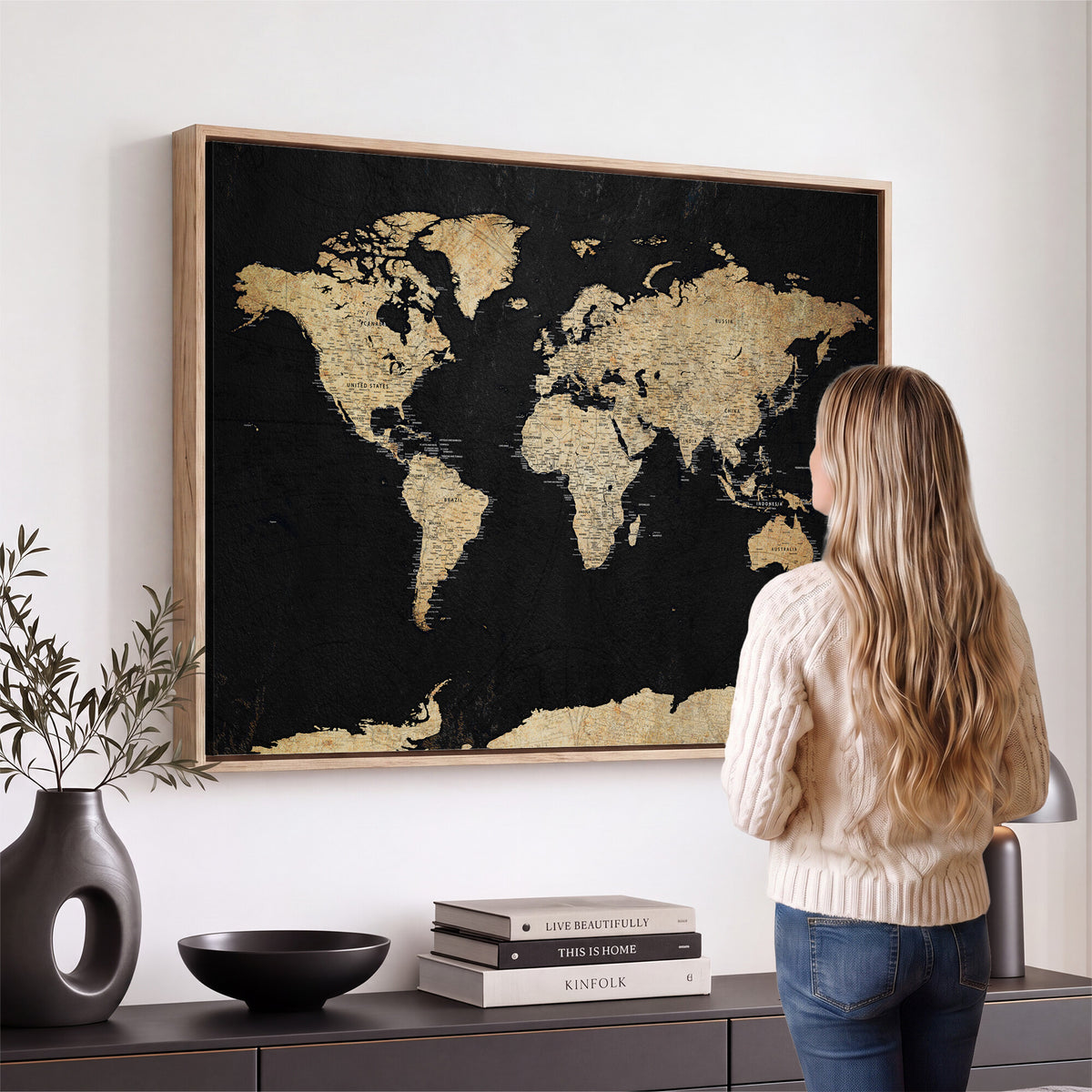 71518849-MGV-CV-36X24 - Beige World Map Canvas Wall Art Print, Minimal Black and