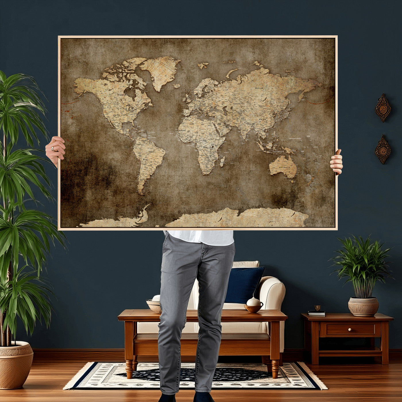 35847542-MGV-CV-36X24 - World Map Wall Art Canvas Print, Modern Decorative Framed Map Artwork Prints for Living Room, Office, Bedroom Wall Decor