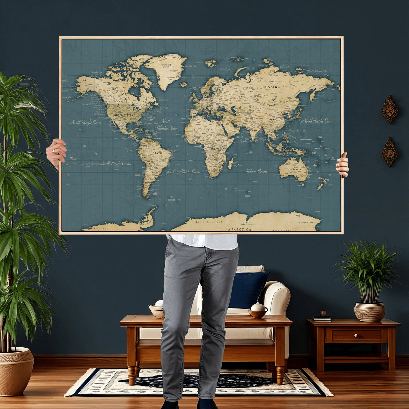 99599383-MGV-CV-36X24 - World Map Wall Art Canvas Print, Modern Decorative Framed Map Artwork Prints for Living Room, Office, Bedroom Wall Decor