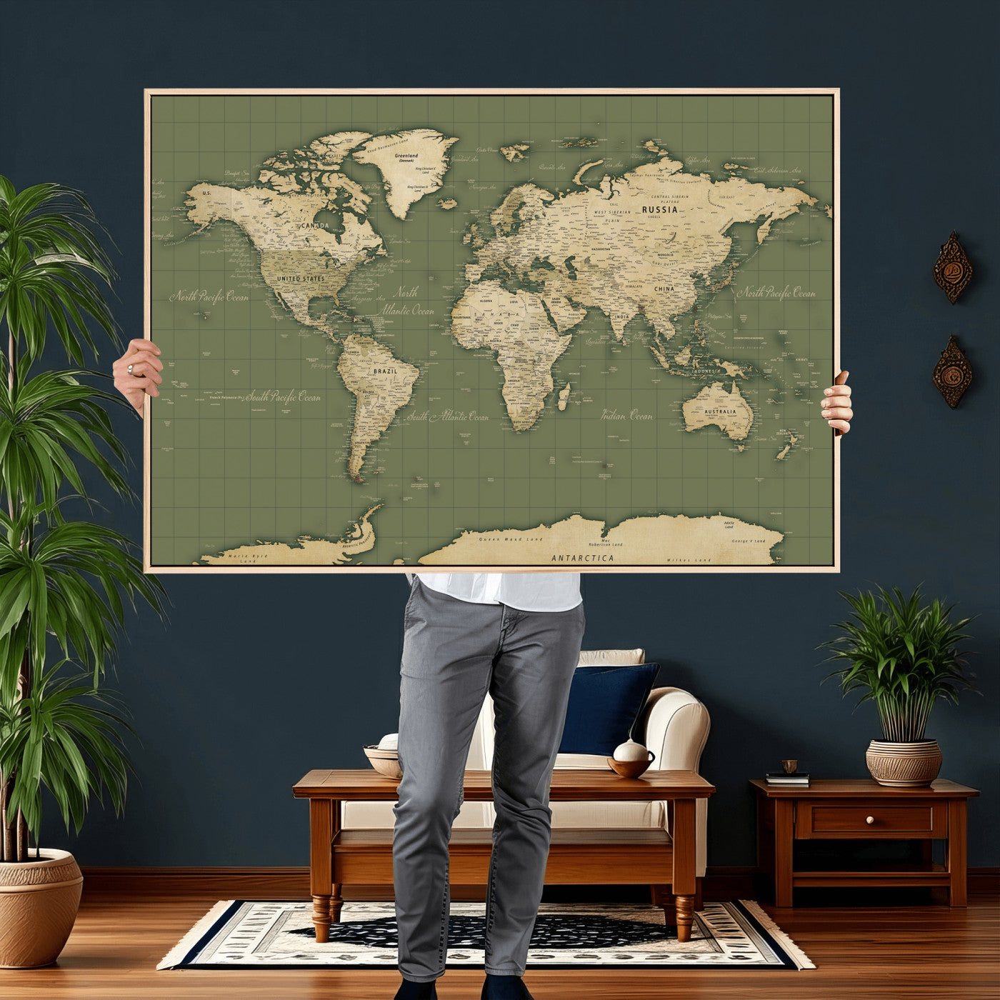13750241-MGV-CV-36X24 - World Map Wall Art Canvas Print, Modern Decorative Framed Map Artwork Prints for Living Room, Office, Bedroom Wall Decor