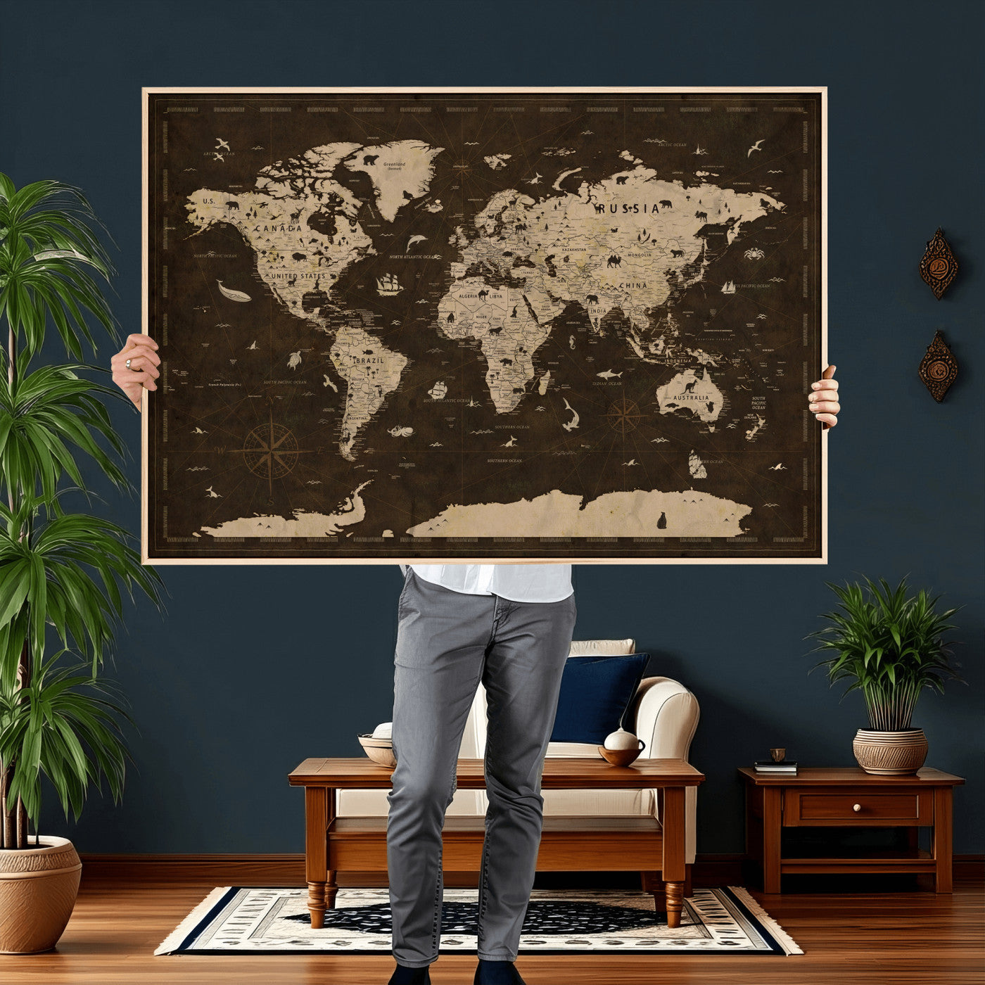 44276398-MGV-CV-36X24 - World Map Wall Art Canvas Print, Modern Decorative Framed Map Artwork Prints for Living Room, Office, Bedroom Wall Decor