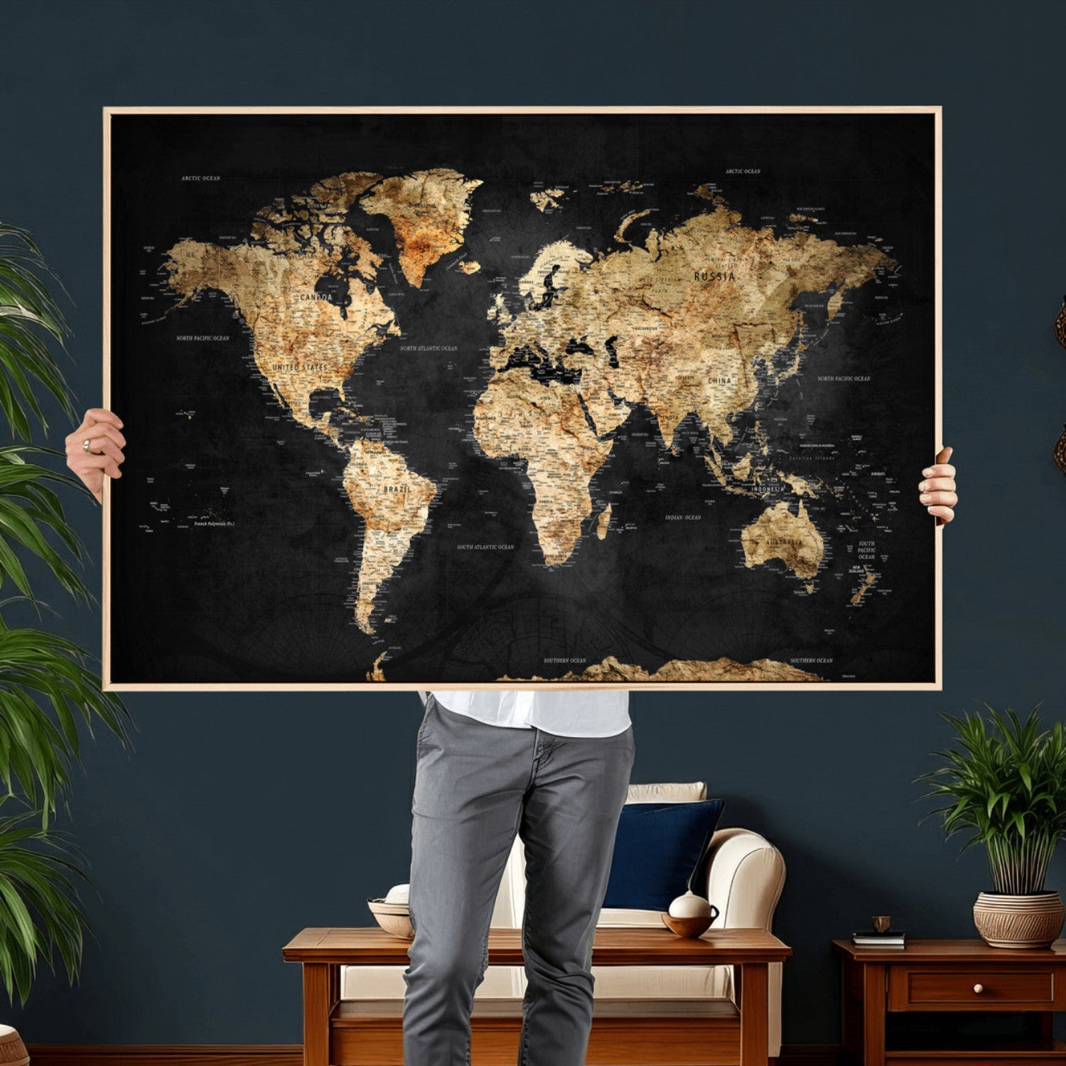 23568589-MGV-CV-36X24 - World Map Wall Art Canvas Print, Modern Decorative Framed Map Artwork Prints for Living Room, Office, Bedroom Wall Decor