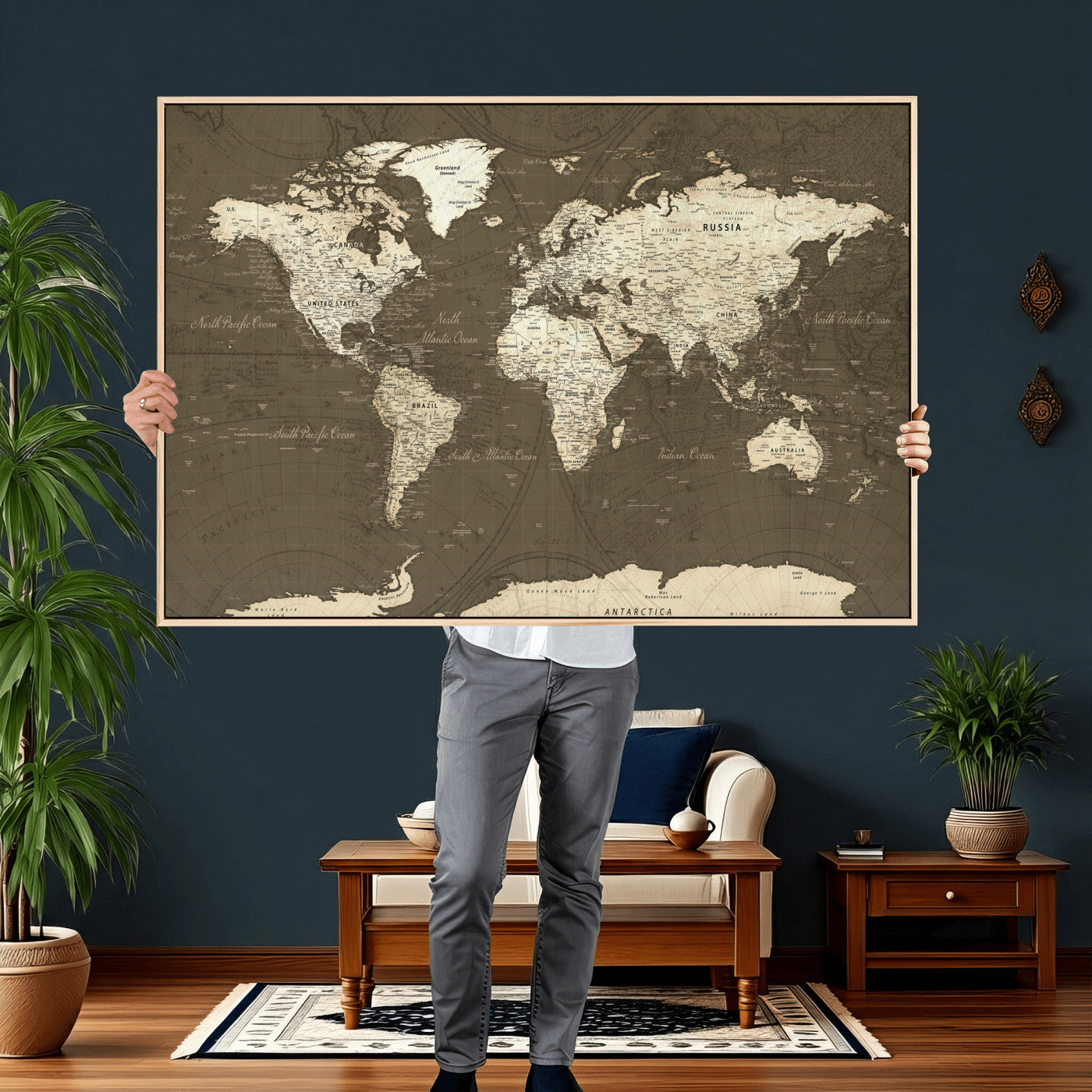 33202610-MGV-CV-36X24 - World Map Wall Art Canvas Print, Modern Decorative Framed Map Artwork Prints for Living Room, Office, Bedroom Wall Decor
