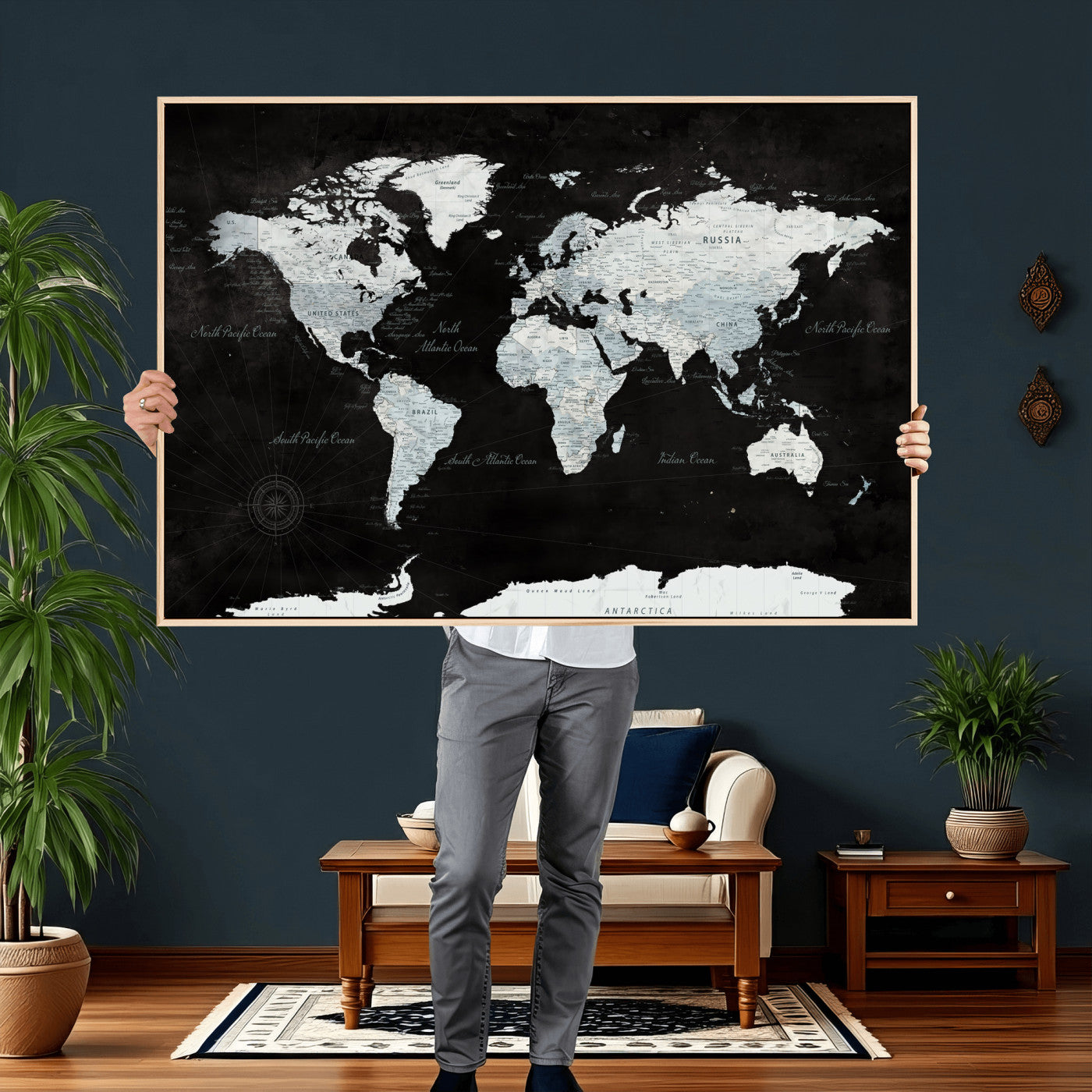28664806-MGV-CV-36X24 - World Map Wall Art Canvas Print, Modern Decorative Framed Map Artwork Prints for Living Room, Office, Bedroom Wall Decor