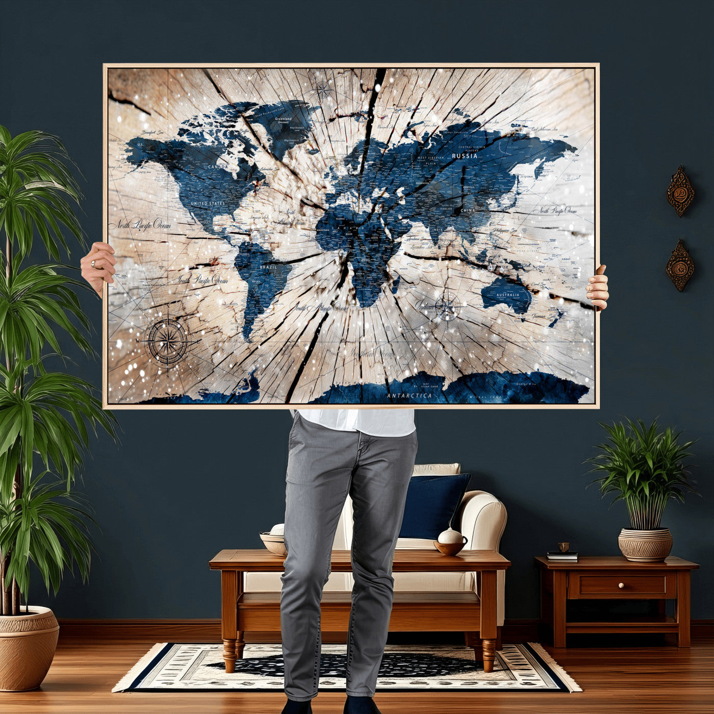 19478704-MGV-CV-36X24 - World Map Wall Art Canvas Print, Modern Decorative Framed Map Artwork Prints for Living Room, Office, Bedroom Wall Decor