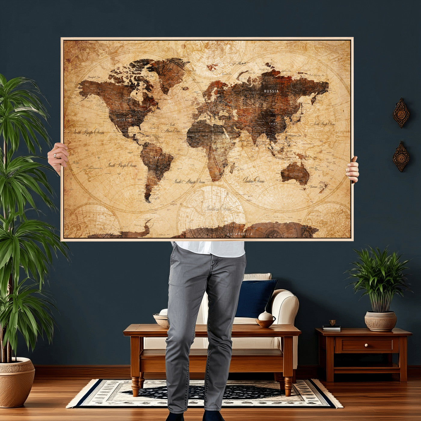 40760475-MGV-CV-36X24 - World Map Wall Art Canvas Print, Modern Decorative Framed Map Artwork Prints for Living Room, Office, Bedroom Wall Decor