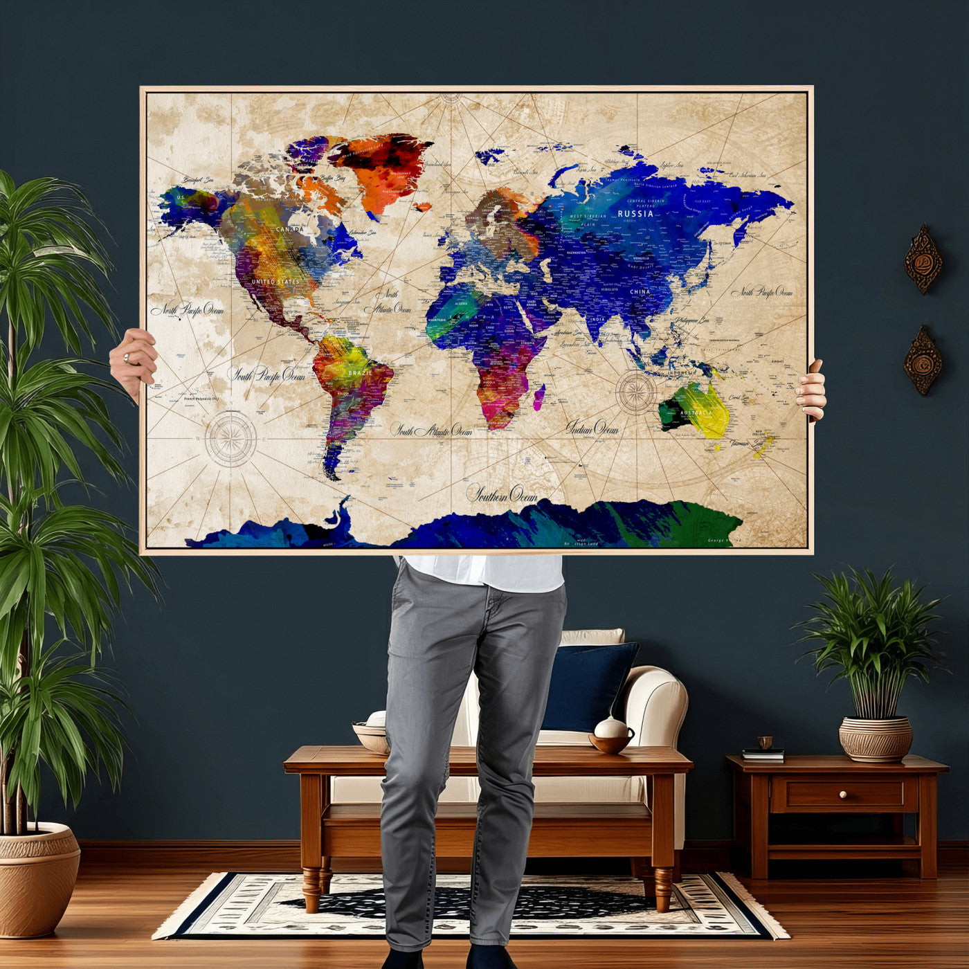 26284075-MGV-CV-36X24 - World Map Wall Art Canvas Print, Modern Decorative Framed Map Artwork Prints for Living Room, Office, Bedroom Wall Decor