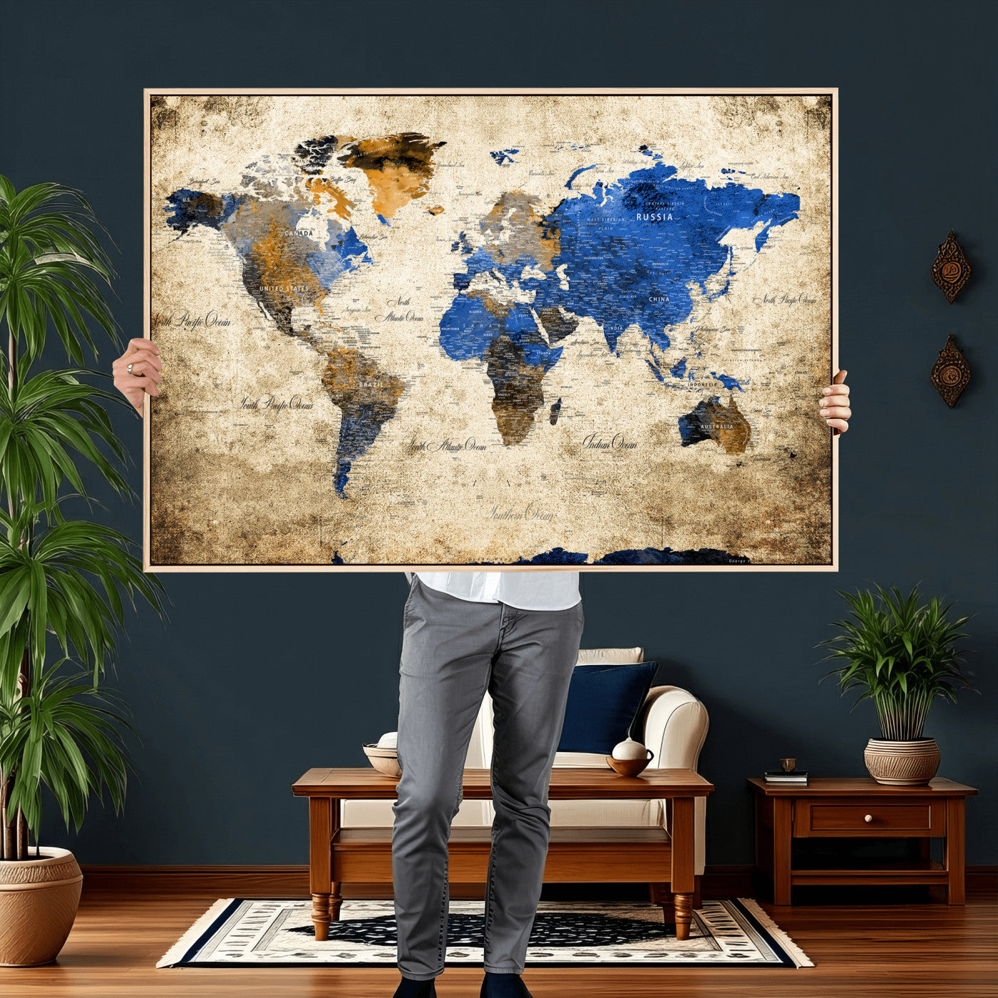 27314341-MGV-CV-36X24 - World Map Wall Art Canvas Print, Modern Decorative Framed Map Artwork Prints for Living Room, Office, Bedroom Wall Decor