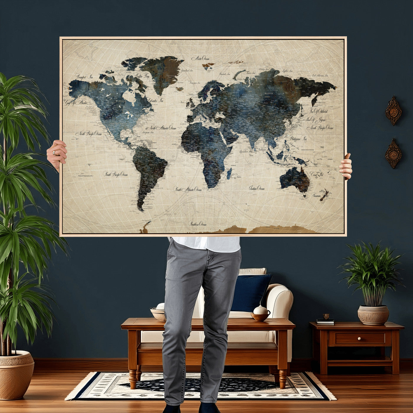 72927803-MGV-CV-36X24 - World Map Wall Art Canvas Print, Modern Decorative Framed Map Artwork Prints for Living Room, Office, Bedroom Wall Decor