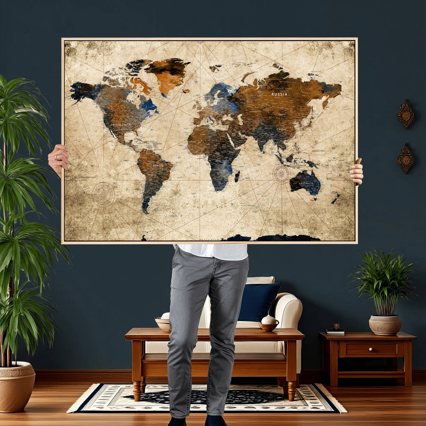 27163414-MGV-CV-36X24 - World Map Wall Art Canvas Print, Modern Decorative Framed Map Artwork Prints for Living Room, Office, Bedroom Wall Decor