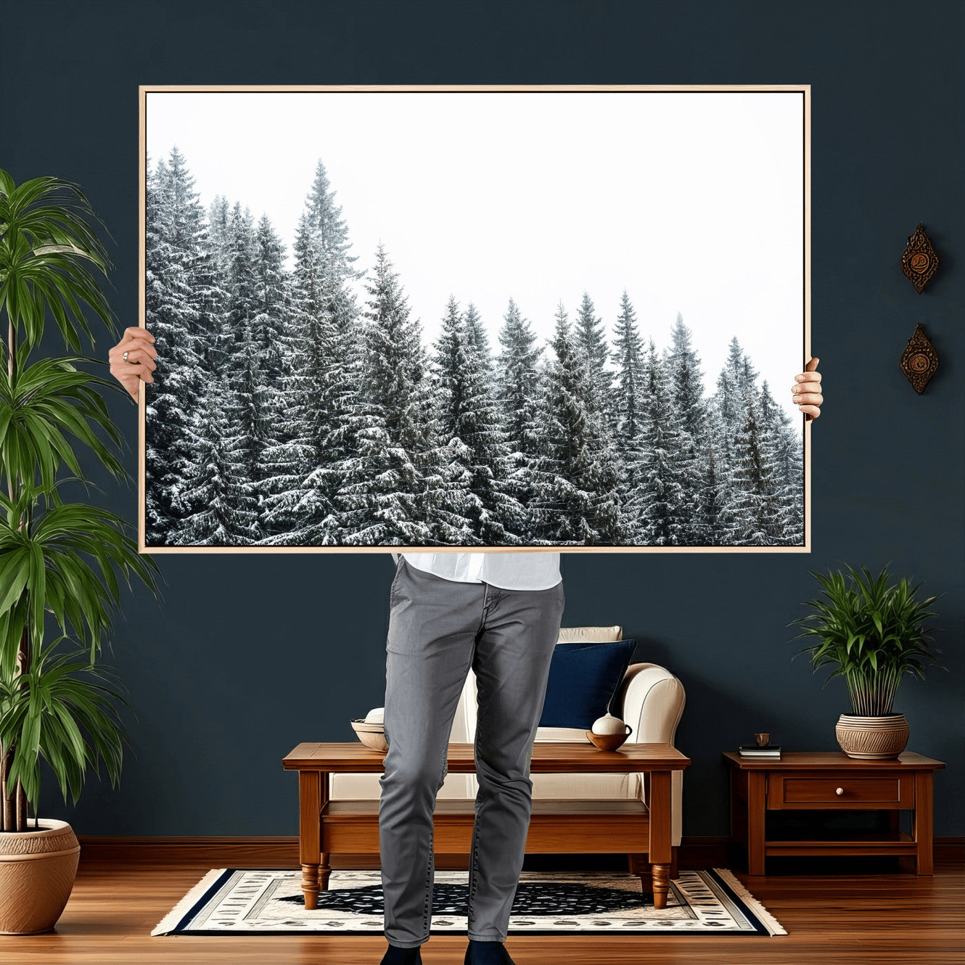 69566941-MGV-CV-36X24 - Misty Mountain Forest Canvas Print, Foggy Pine Trees Nature Wall Art, Framed Canvas Ready to Hang