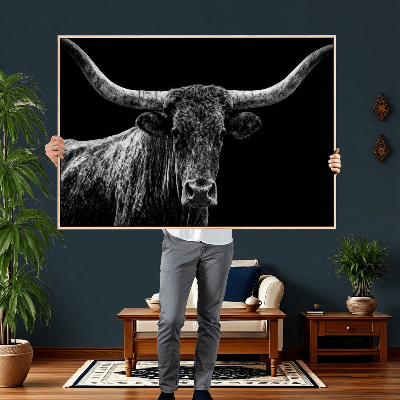 86568508-MGV-CV-36X24 - Vintage Texas Longhorn Bull Wall Art Canvas Print, Texas Cow Portrait Print, Framed Bull Wall Art Ready to Hang
